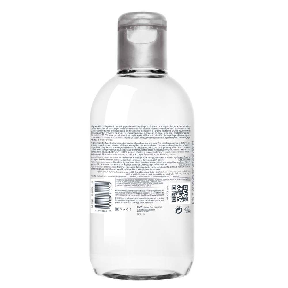 Rückseite der BIODERMA Pigmentbio H2O Flasche. Text, Barcode und QR-Code auf weißem Etikett.