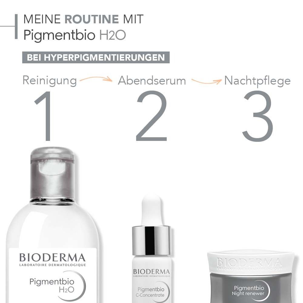 Drei Produkte: BIODERMA Pigmentbio H2O, Serum und Nachtpflege. Anordnung für die Anwendung bei Hyperpigmentierung.