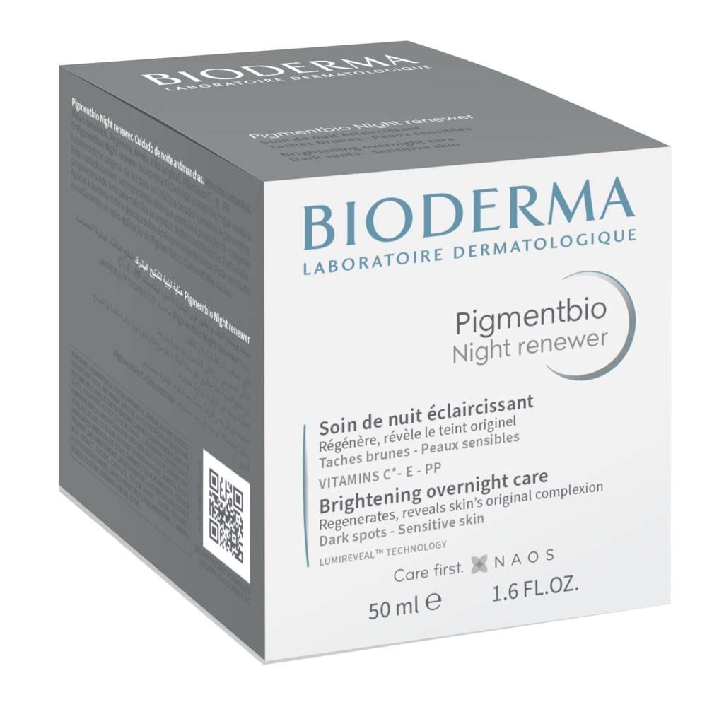 BIODERMA Pigmentbio Nachtcreme. Graue Verpackung mit Produktinformationen und Logo. 50 ml.