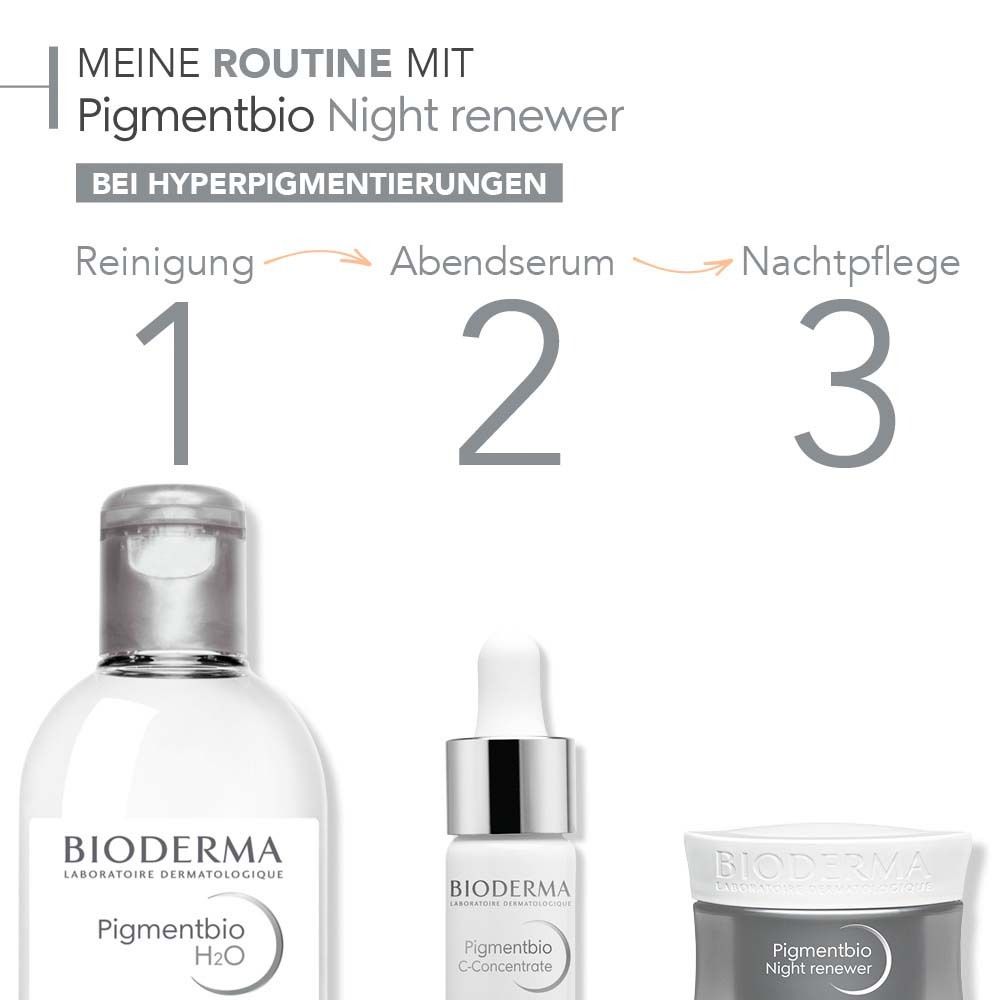BIODERMA Pigmentbio Produkte. Reinigung, Serum, Nachtpflege. Produkte aufgereiht, Pfeile zeigen die Anwendung.