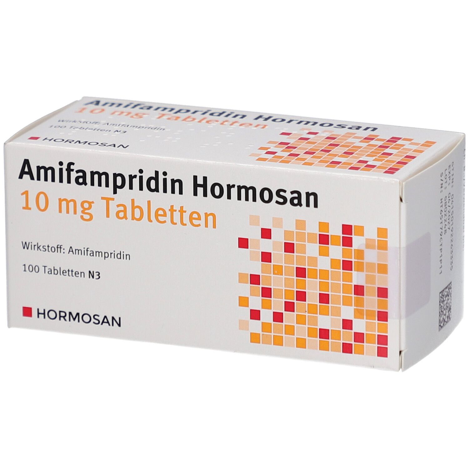Schachtel mit AMIFAMPRIDIN Hormosan 10 mg Tabletten. Aufschrift: 100 Tabletten N3. Marke: Hormosan.