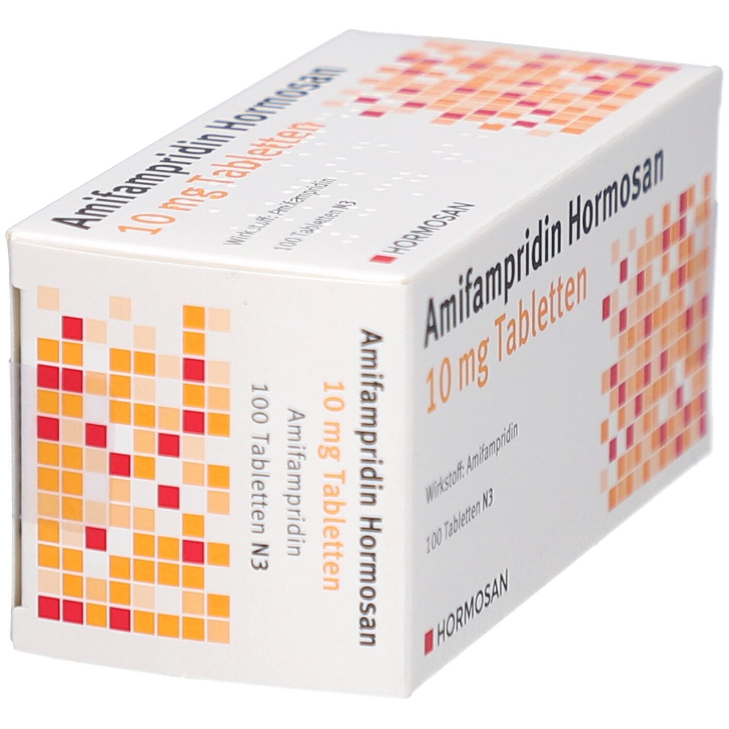Schachtel mit AMIFAMPRIDIN Hormosan 10 mg Tabletten. Aufschrift: 100 Tabletten N3. Marke: Hormosan.