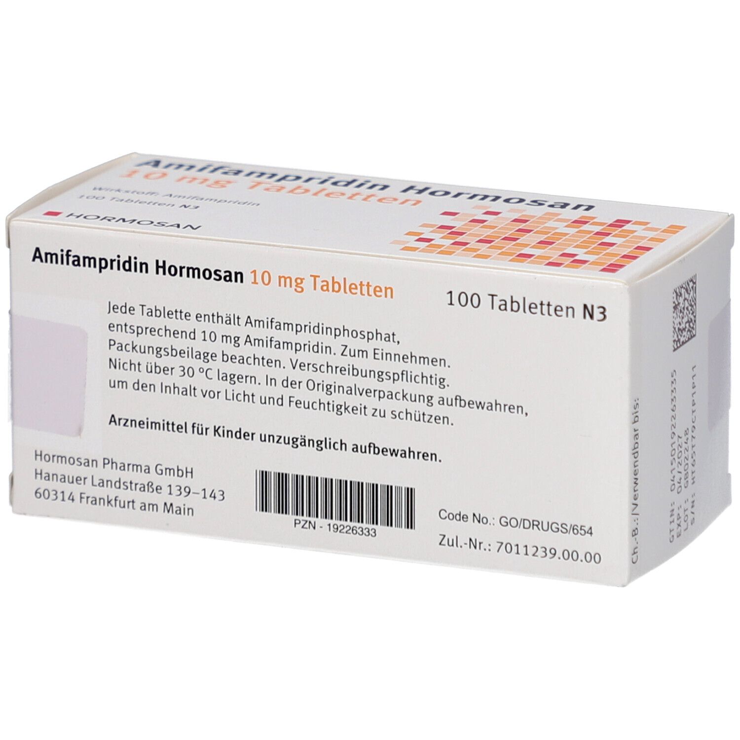 Rückseite der Schachtel mit AMIFAMPRIDIN Hormosan 10 mg Tabletten. Text und Barcode. Marke: Hormosan.