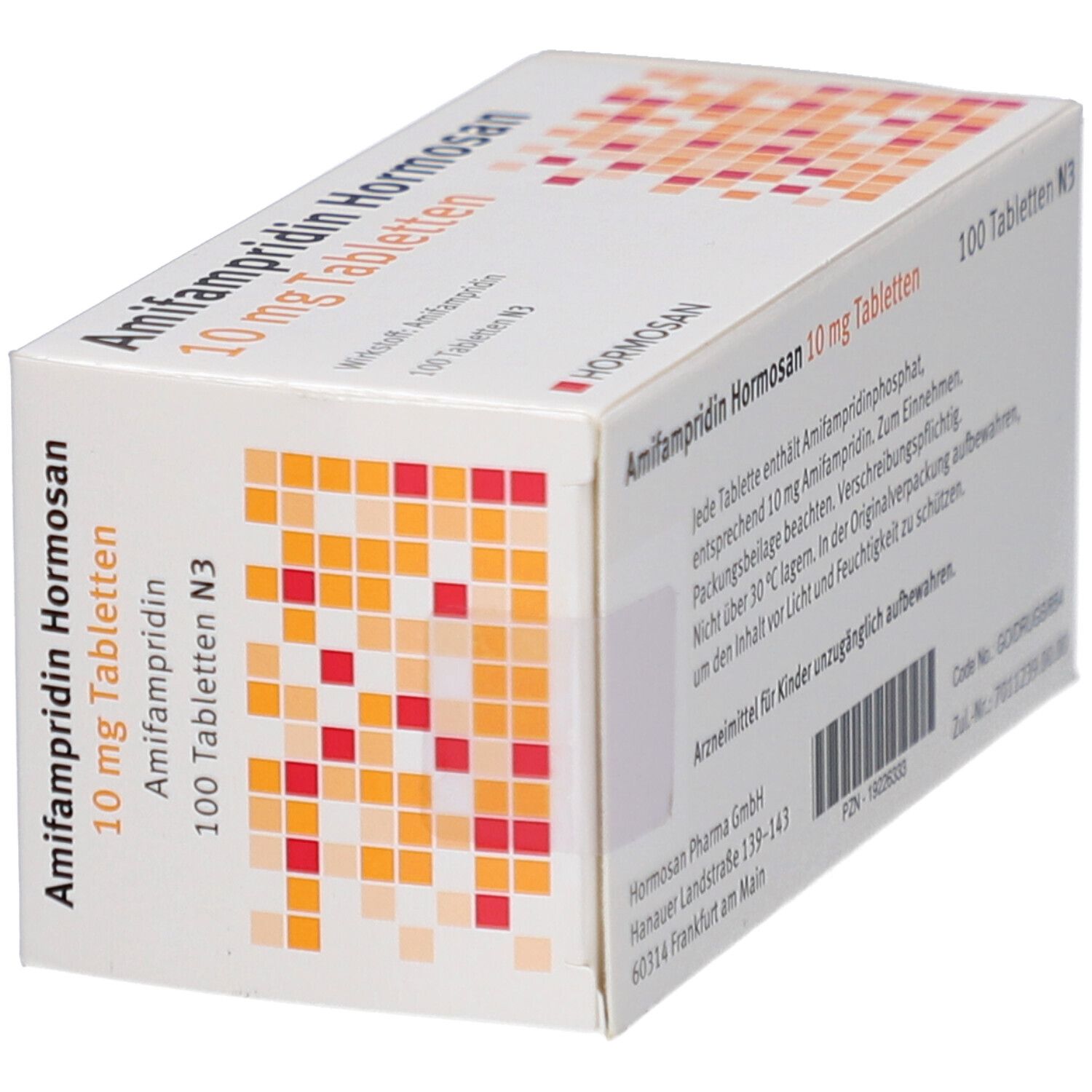 Schachtel mit AMIFAMPRIDIN Hormosan 10 mg Tabletten. Aufschrift: 100 Tabletten N3. Marke: Hormosan.