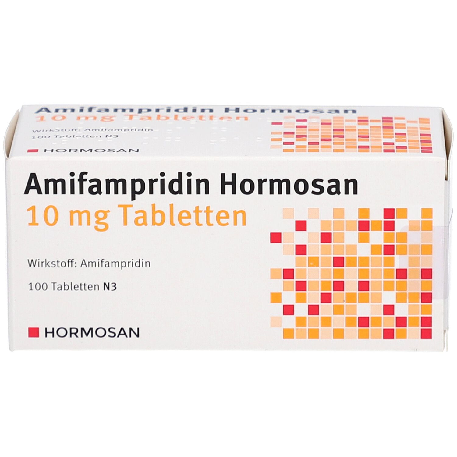 Schachtel mit AMIFAMPRIDIN Hormosan 10 mg Tabletten. Aufschrift: 100 Tabletten N3. Marke: Hormosan.