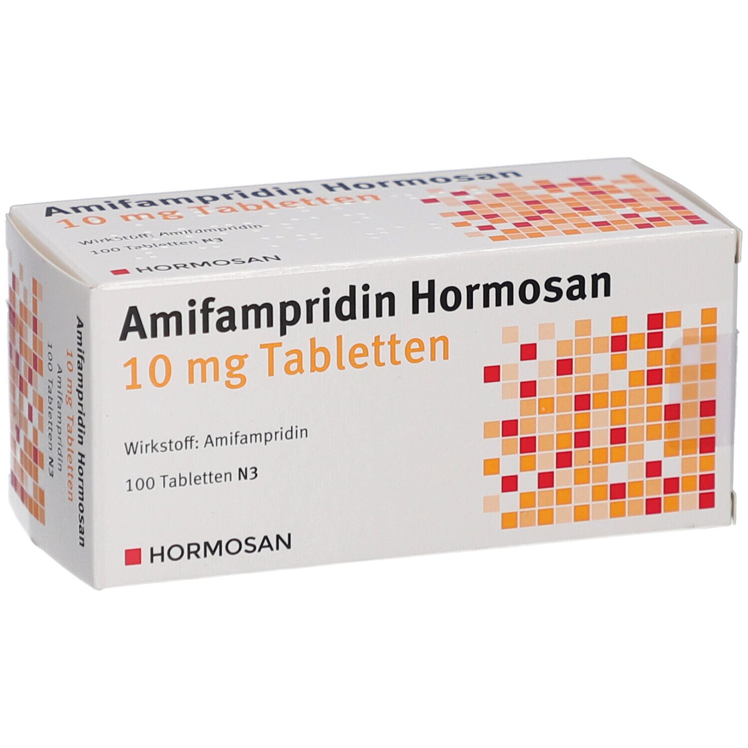Schachtel mit AMIFAMPRIDIN Hormosan 10 mg Tabletten. Aufschrift: 100 Tabletten N3. Marke: Hormosan.