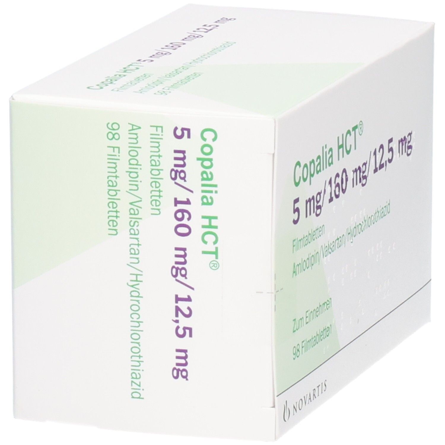 Weiße Schachtel, schräg von vorne. Aufschrift: Copalia HCT 5 mg/160 mg/12,5 mg Filmtabletten. Novartis Logo. 98 Filmtabletten.