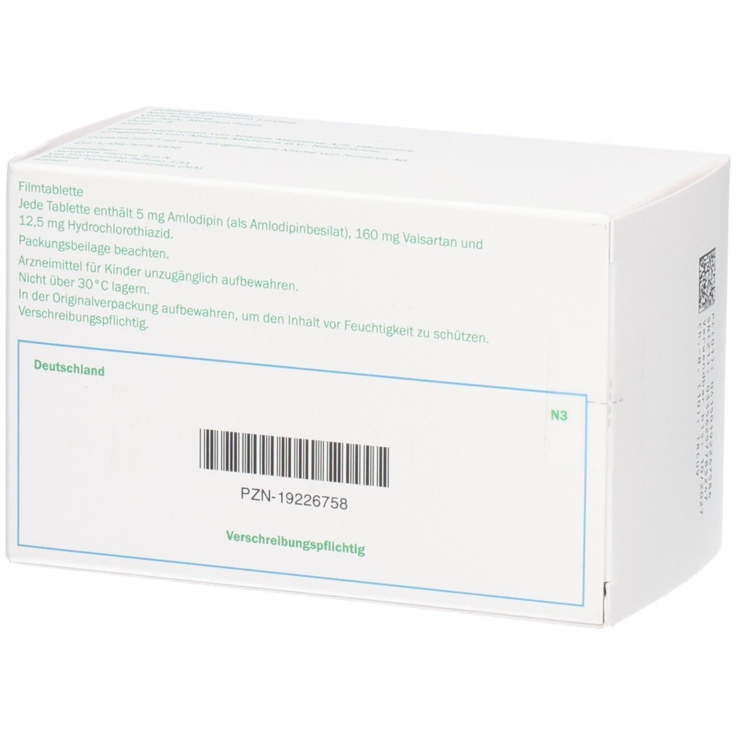 Rückseite der weißen Schachtel. Text: Informationen zu Inhaltsstoffen und Lagerung. Barcode und PZN-Nummer.
