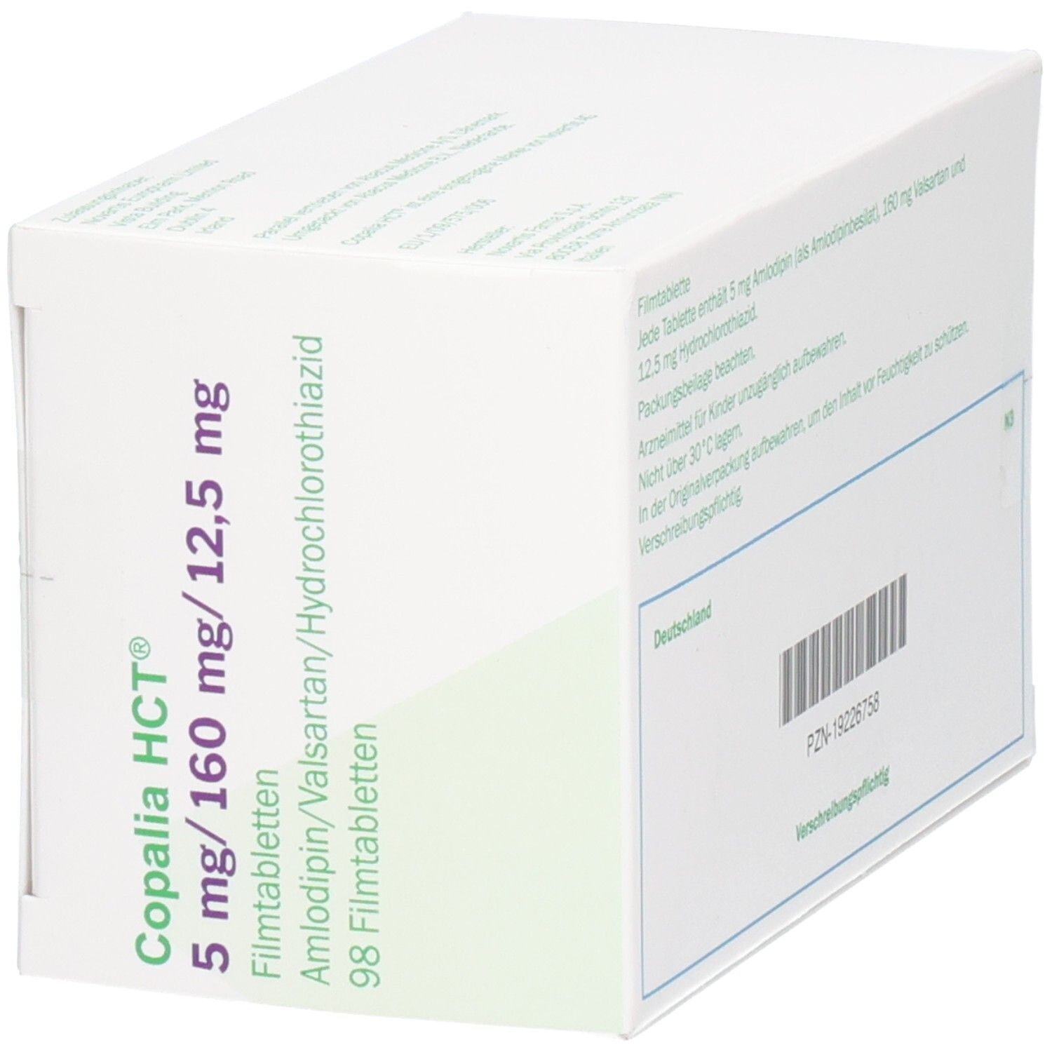 Weiße Schachtel, schräg von vorne. Aufschrift: Copalia HCT 5 mg/160 mg/12,5 mg Filmtabletten. 98 Filmtabletten.