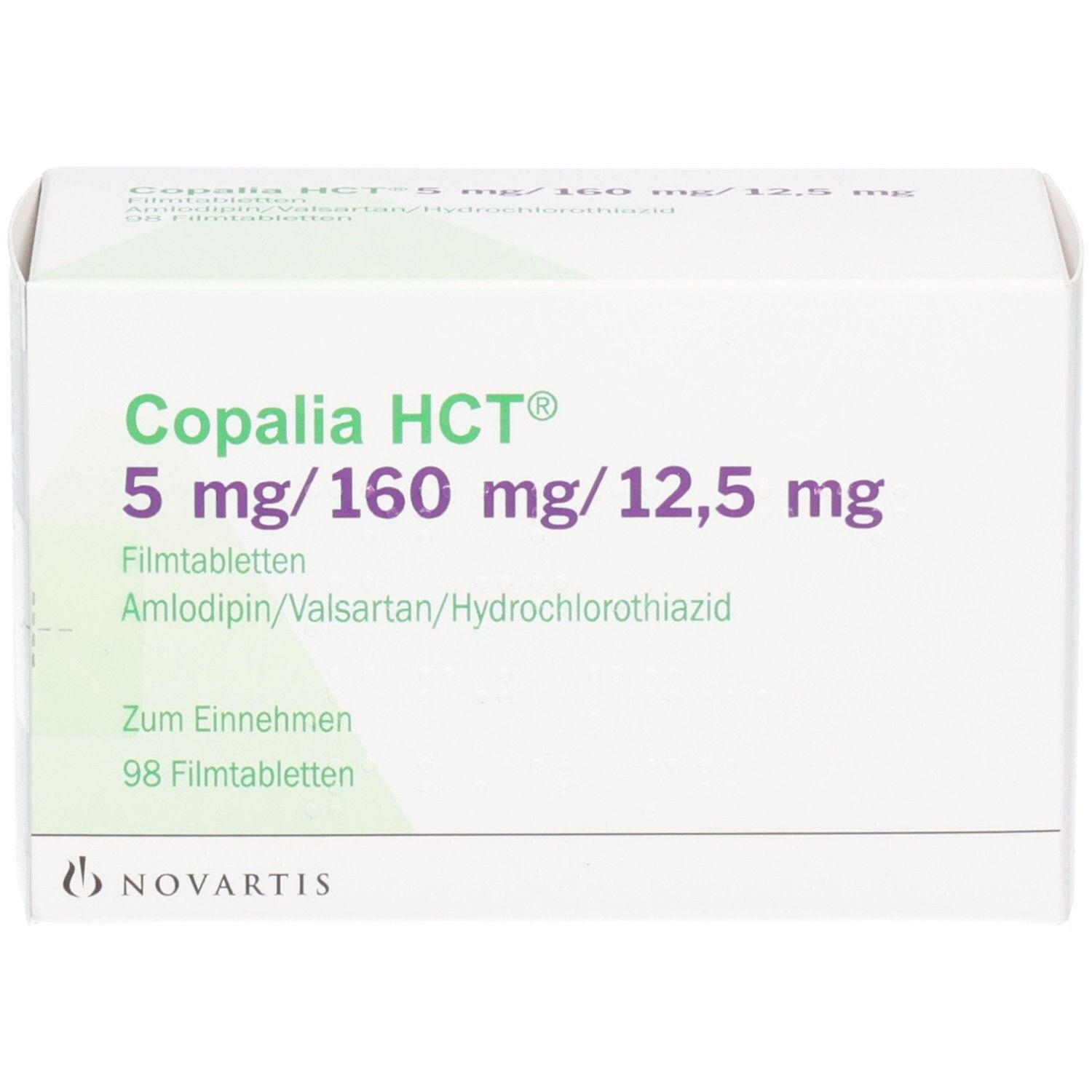 Weiße Schachtel mit grüner und schwarzer Schrift. Aufschrift: Copalia HCT 5 mg/160 mg/12,5 mg Filmtabletten. Novartis Logo.