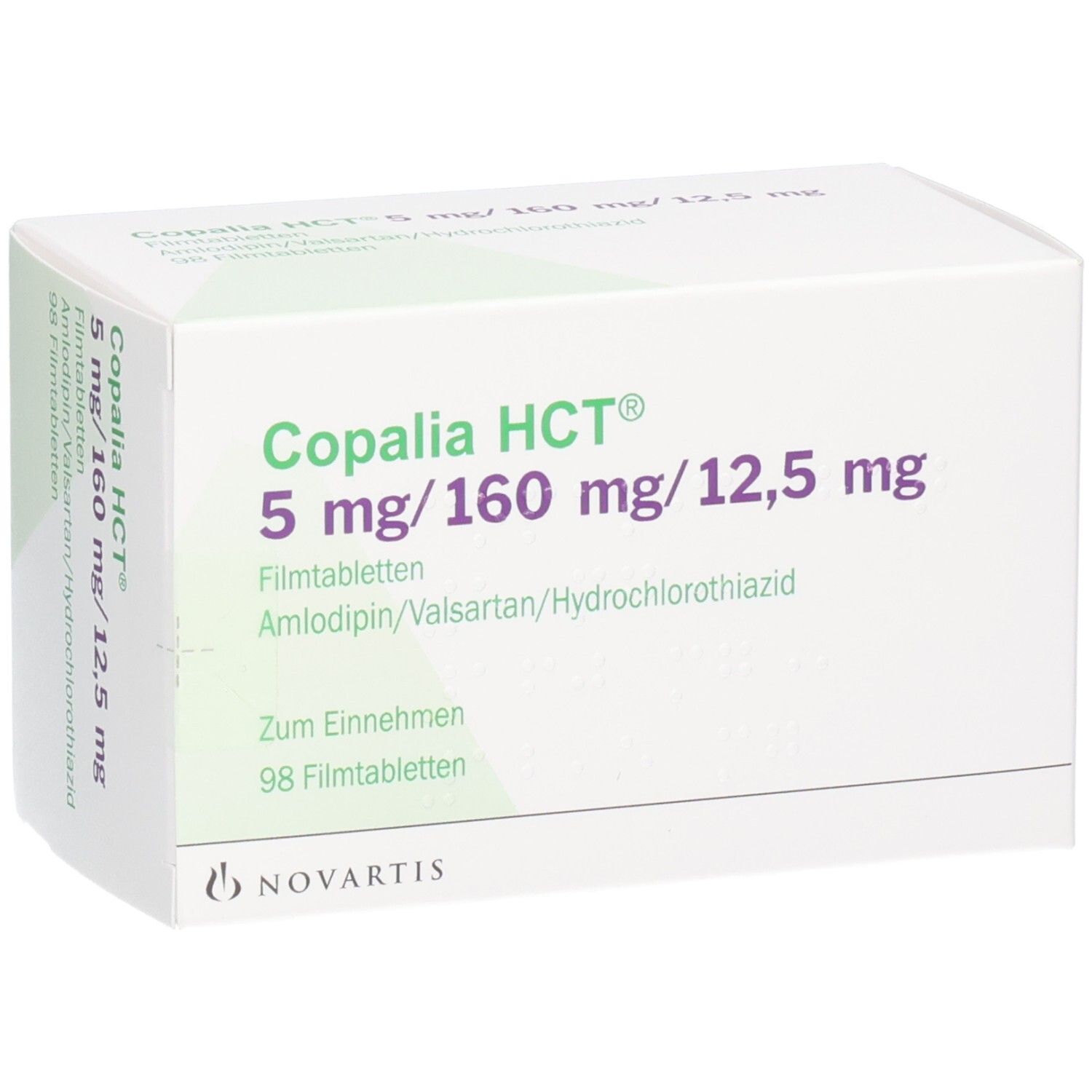 Weiße Schachtel, schräg von vorne. Aufschrift: Copalia HCT 5 mg/160 mg/12,5 mg Filmtabletten. Novartis Logo. 98 Filmtabletten.