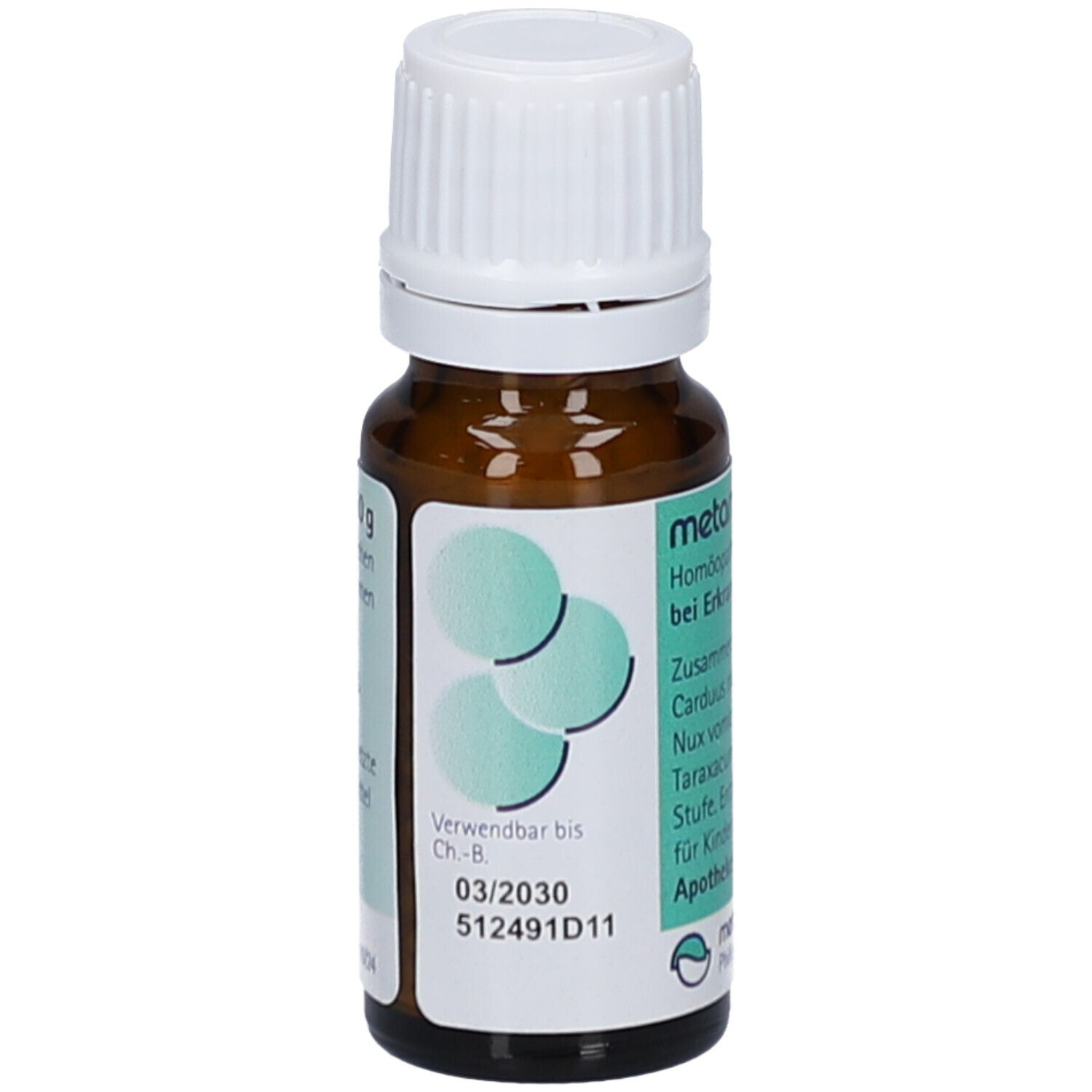 Braune Glasflasche mit weißem Deckel. Etikett mit Produktinformationen und grünen Kreisen. Verwendbar bis 03/2030.