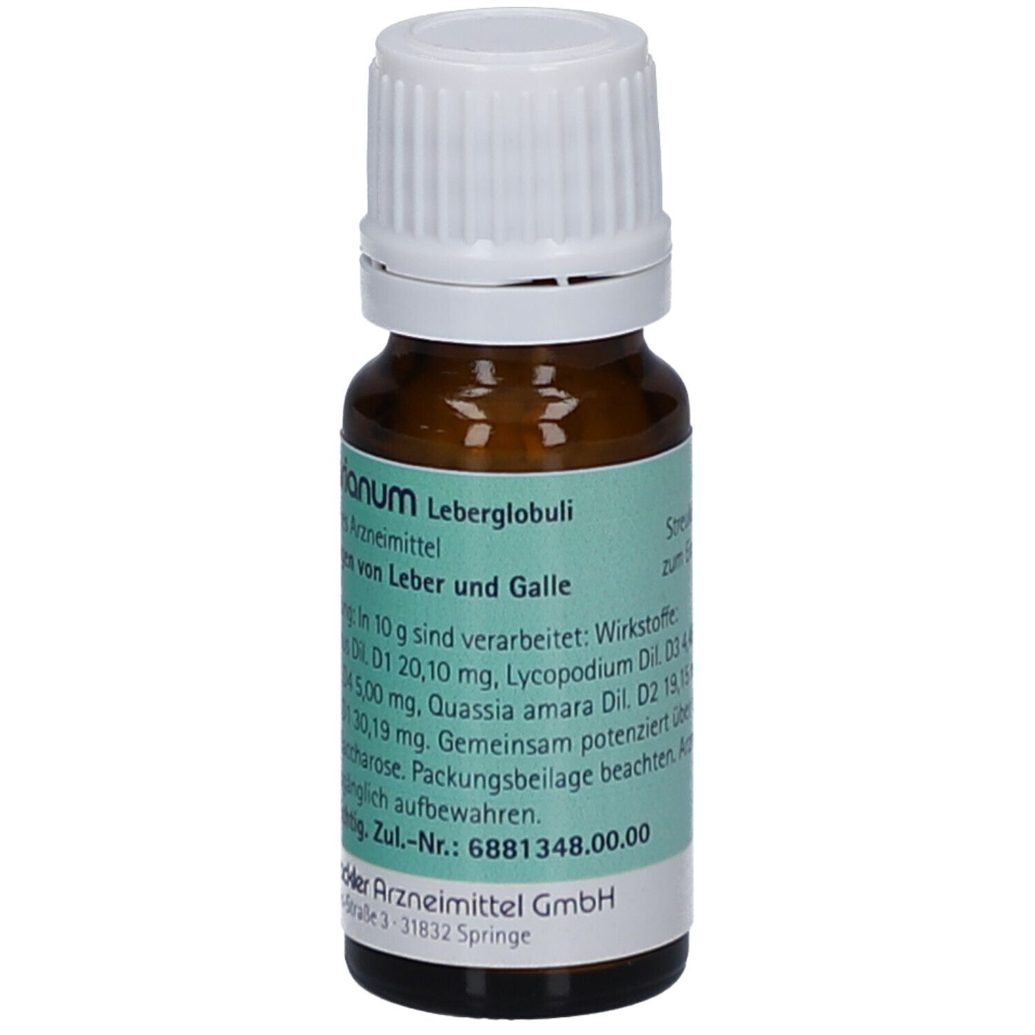 Braune Glasflasche mit weißem Deckel. Etikett mit Produktinformationen. Enthält 10g Streukügelchen. Produktname: Leberglobuli.