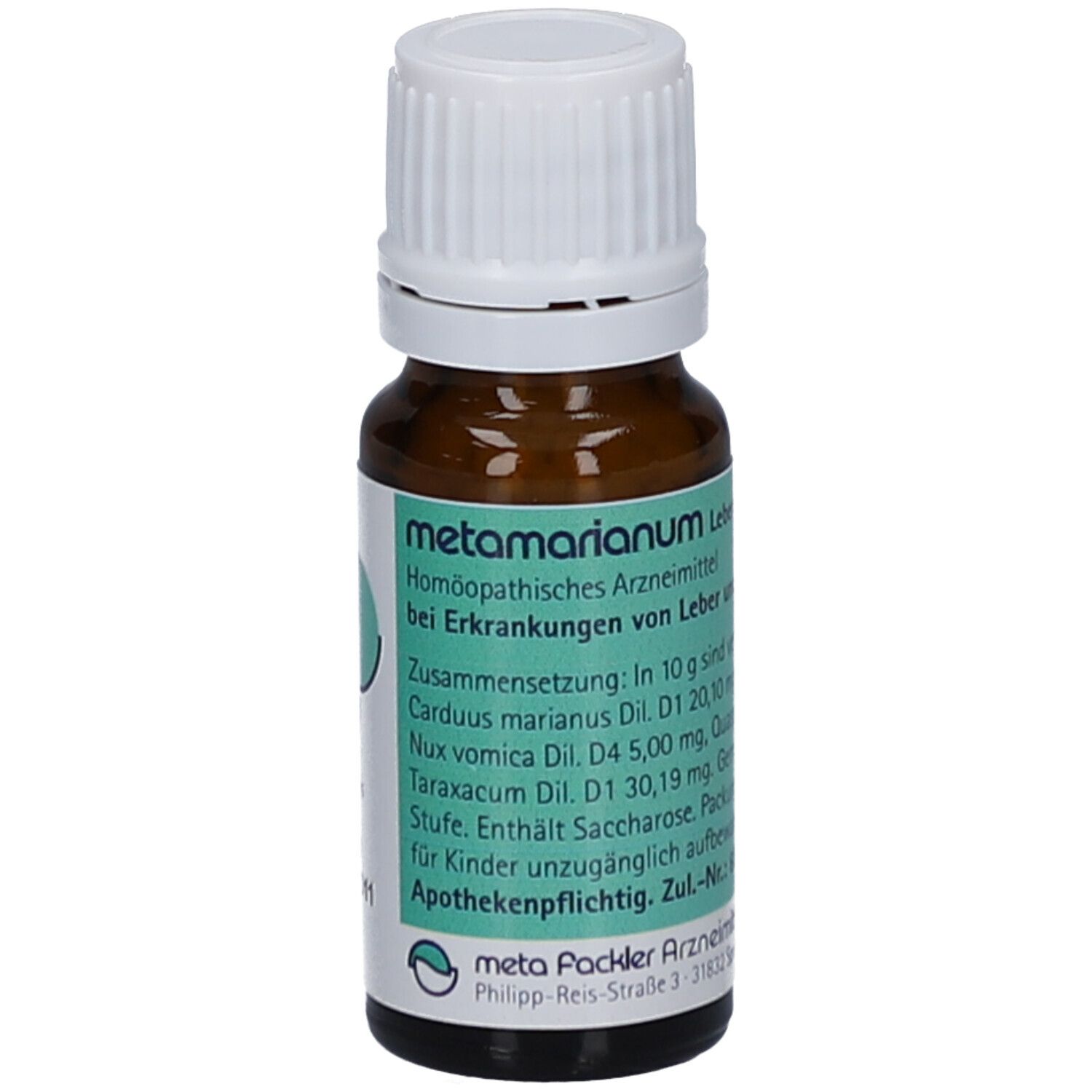 Braune Glasflasche mit weißem Deckel. Etikett mit Produktinformationen. Produktname: Metamarianum Leberglobuli.