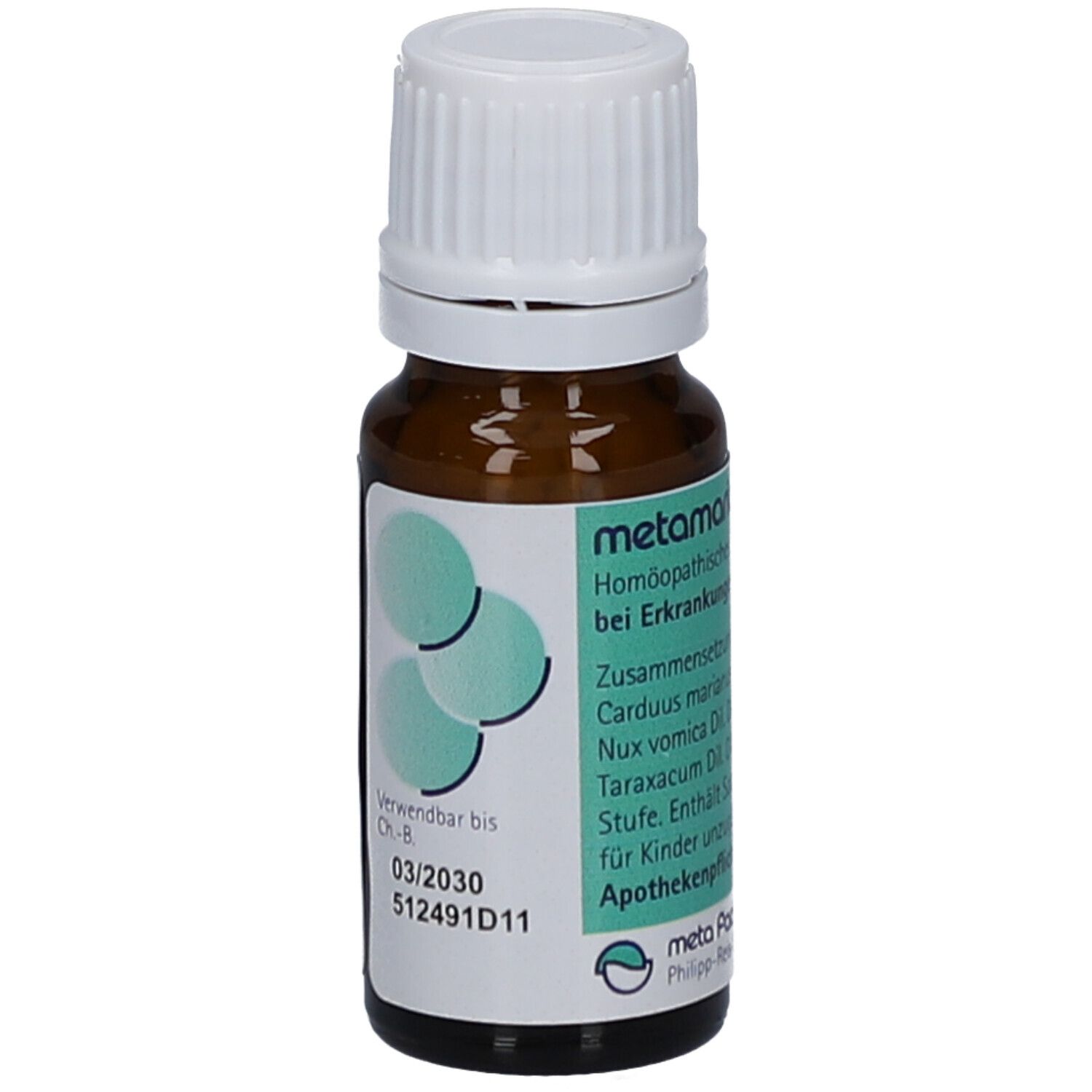 Braune Glasflasche mit weißem Deckel. Etikett mit Produktinformationen und grünen Kreisen. Verwendbar bis 03/2030.
