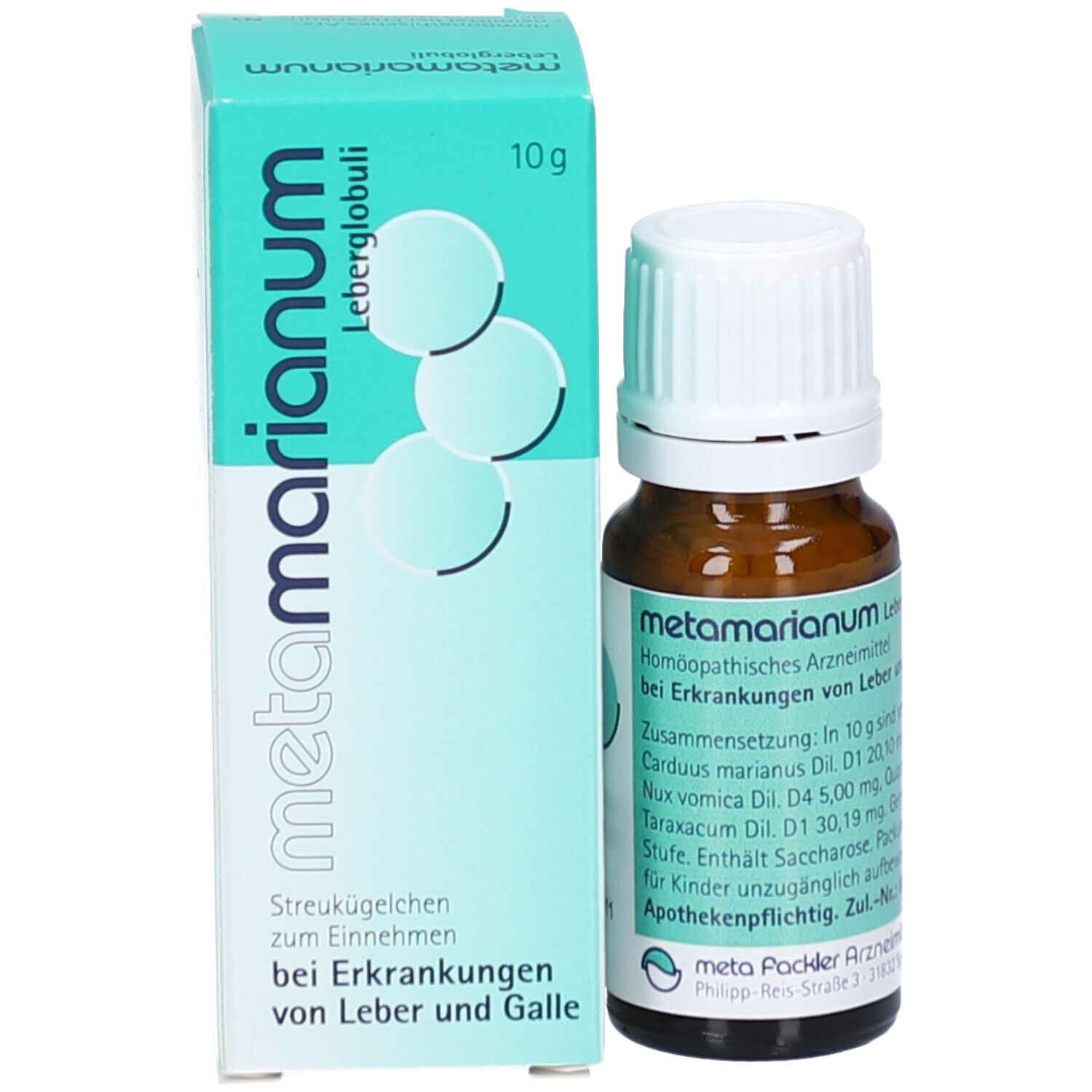 Produktverpackung mit Flasche. Flasche: braunes Glas, weißer Deckel. Verpackung: hellgrün, Produktname: Metamarianum Leberglobuli.