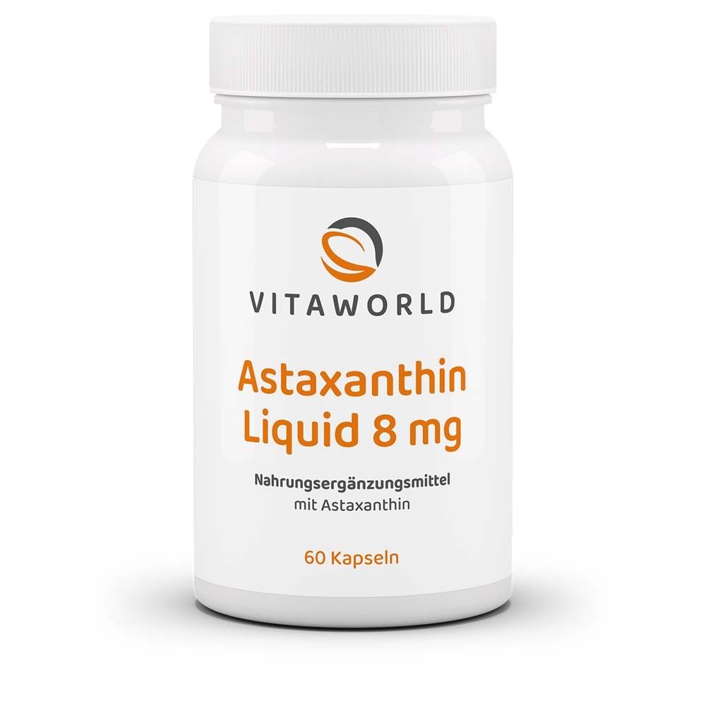 Weiße Flasche mit Schraubverschluss. Aufschrift: VITAWORLD Astaxanthin Liquid 8 mg. 60 Kapseln. Nahrungsergänzungsmittel.
