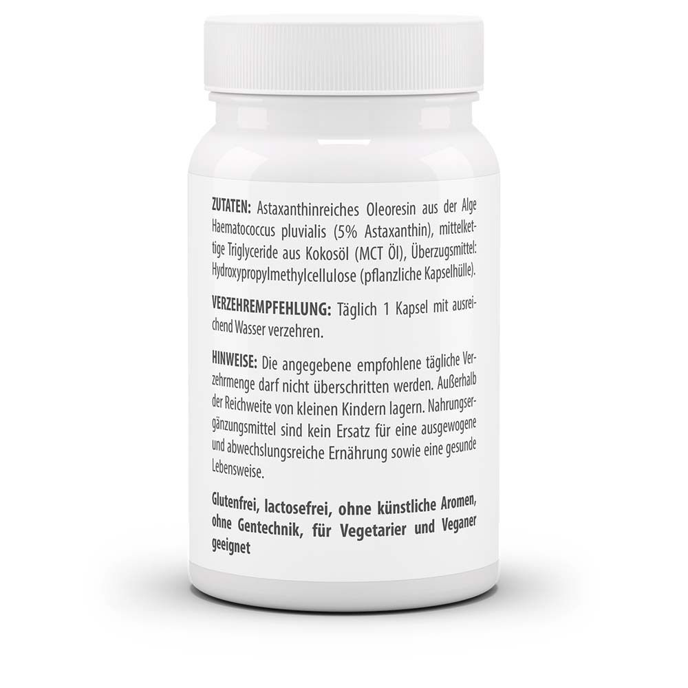 Rückseite der weißen Flasche. Zutaten: Astaxanthinreiches Oleoresin. Verzehrempfehlung: Täglich 1 Kapsel. Glutenfrei, lactosefrei, ohne künstliche Aromen.