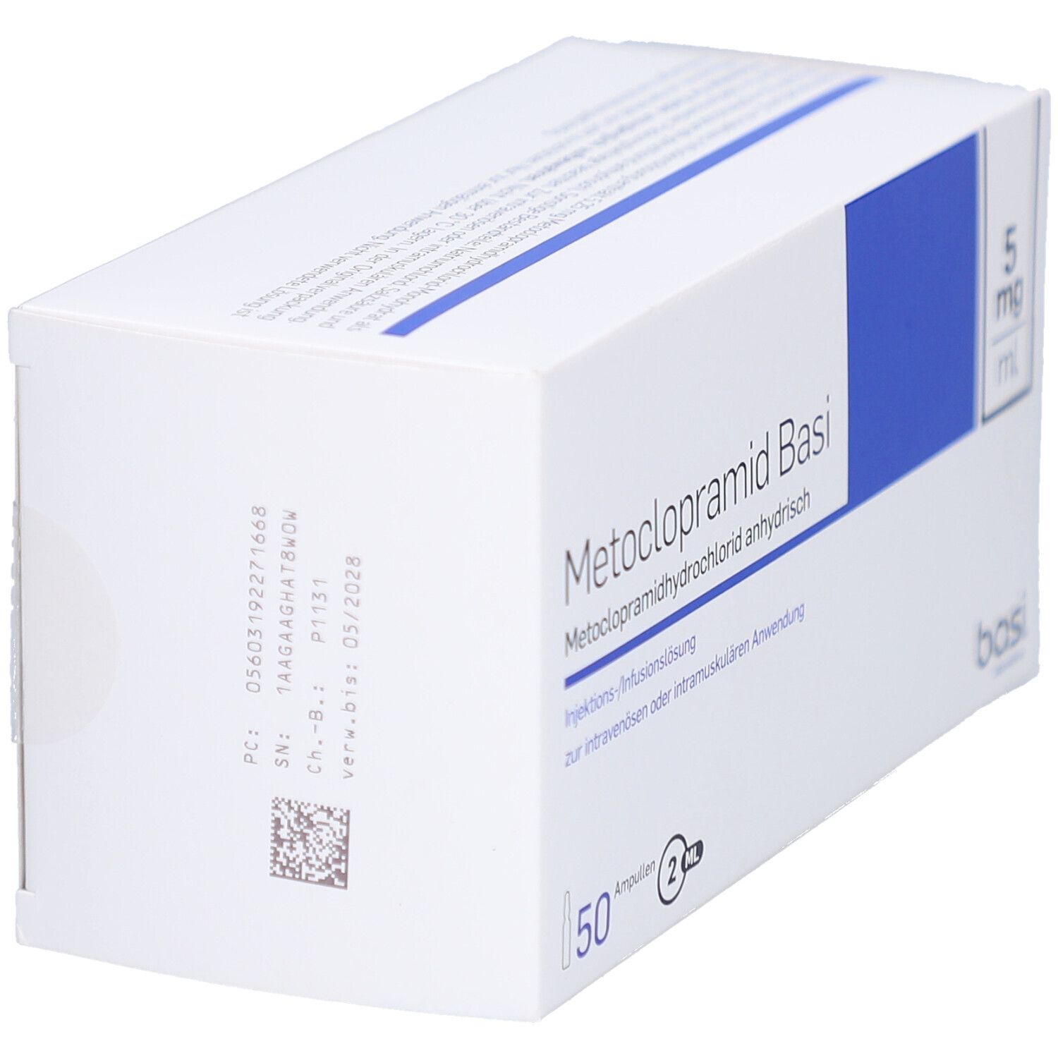 Weißer Karton, schräg. Aufdruck: Metoclopramid Basi, 5 mg/ml, 50 Ampullen. Marke: basi. Rückseite mit Chargennummer.