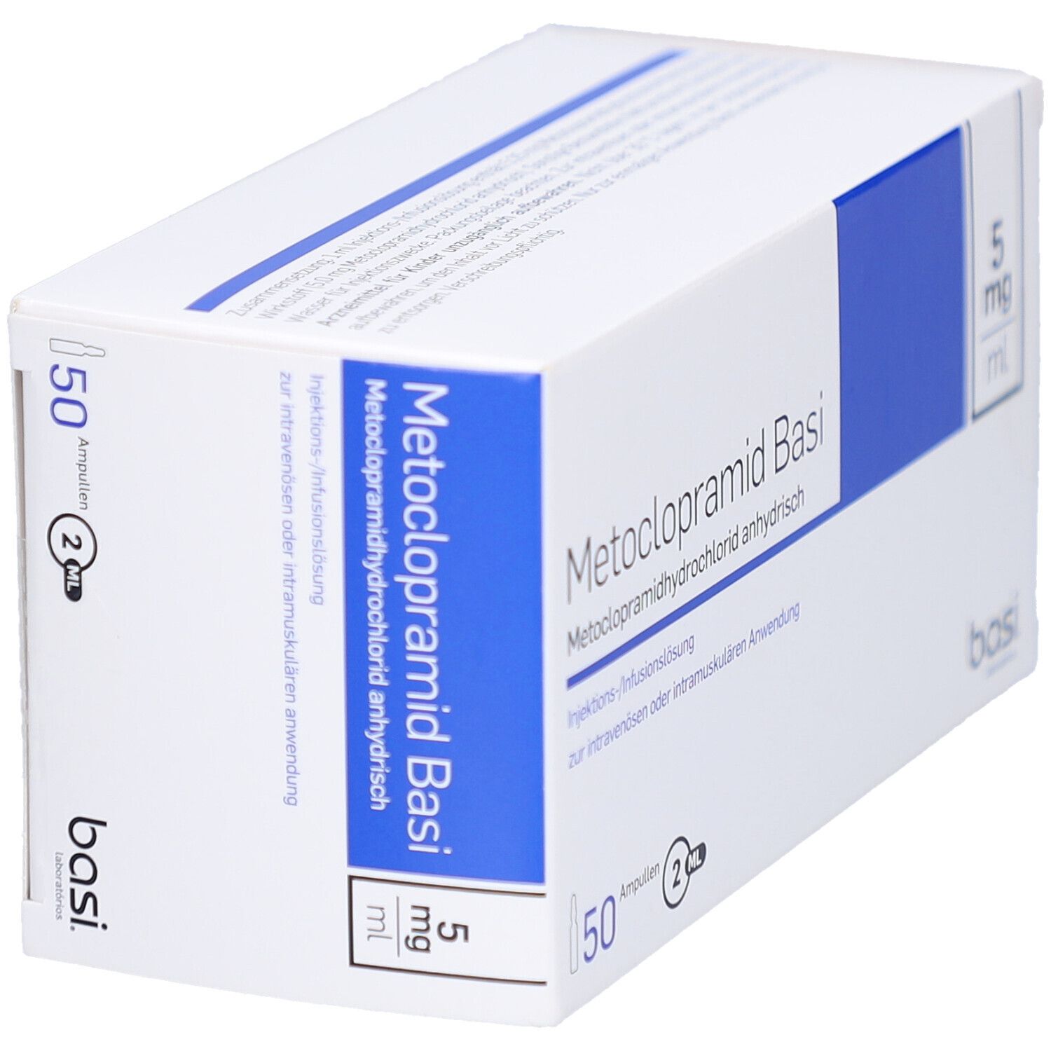 Weißer Karton, schräg. Aufdruck: Metoclopramid Basi, 5 mg/ml, 50 Ampullen. Marke: basi.