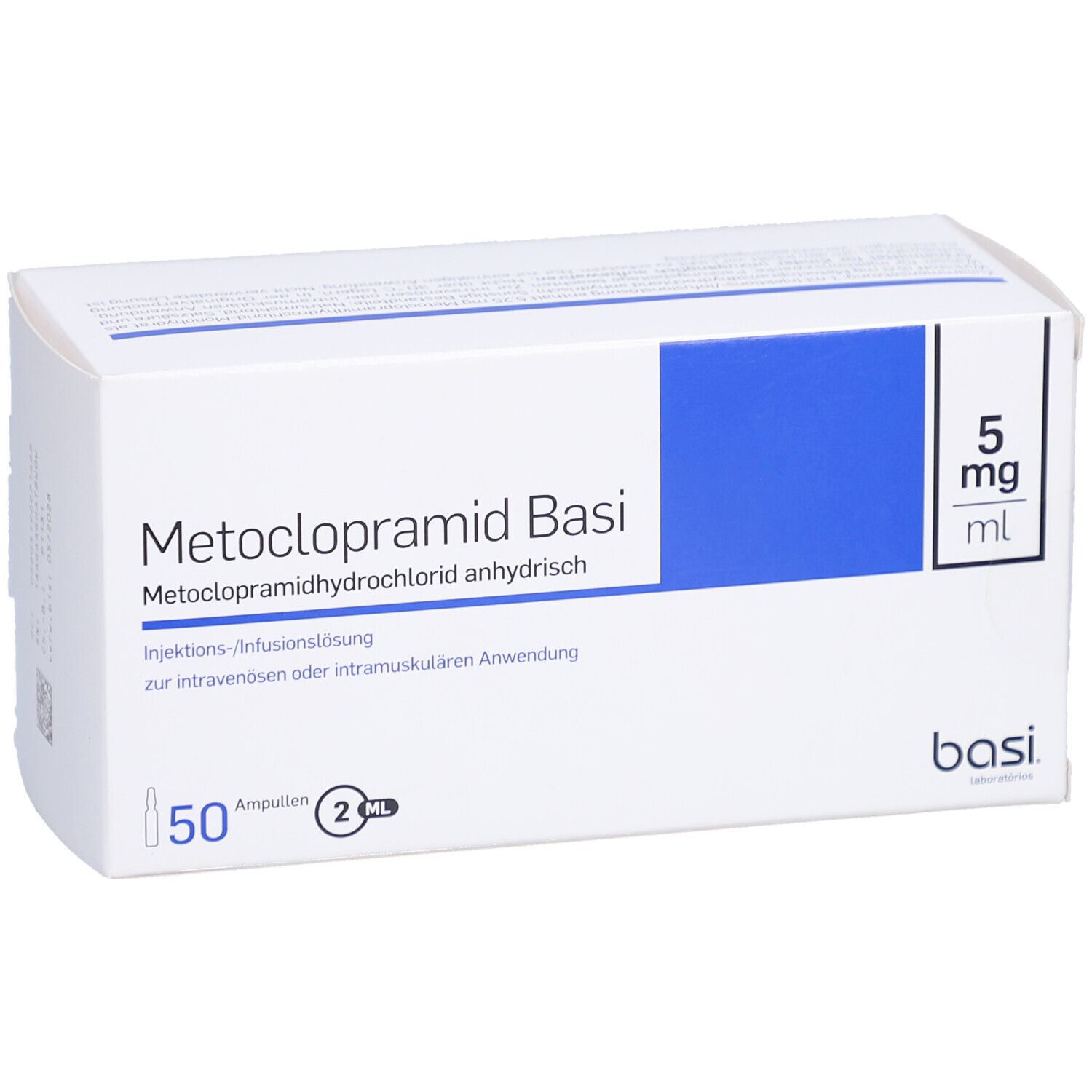 Weißer Karton mit blauer Fläche. Aufdruck: Metoclopramid Basi, 5 mg/ml, 50 Ampullen. Marke: basi.
