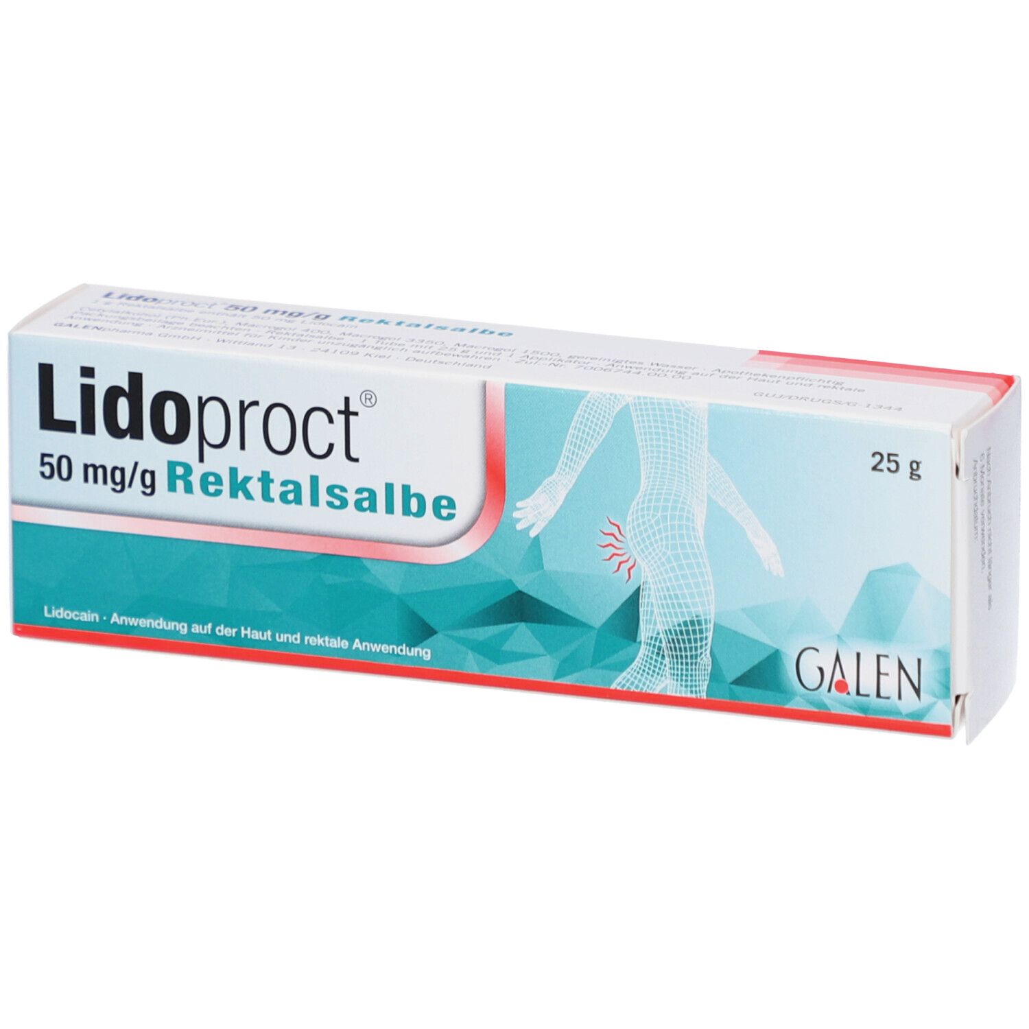 Verpackung von Lidoproct 50 mg/g Rektalsalbe. Weiß, mit blauen und grünen Elementen. Enthält 25 g. GALEN-Logo.