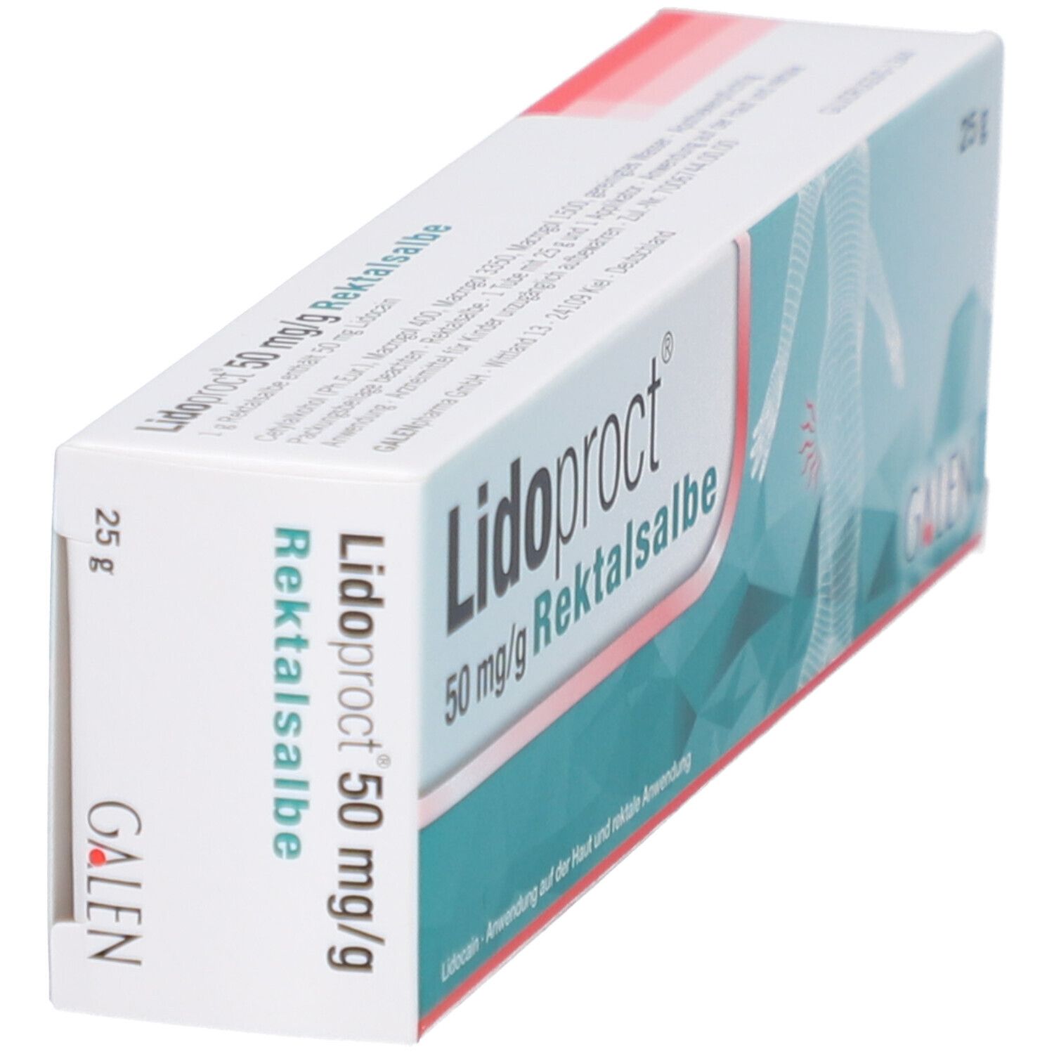 Schrägansicht der Verpackung von Lidoproct 50 mg/g Rektalsalbe. Weiß, mit blauen und grünen Elementen. 25 g. GALEN-Logo.
