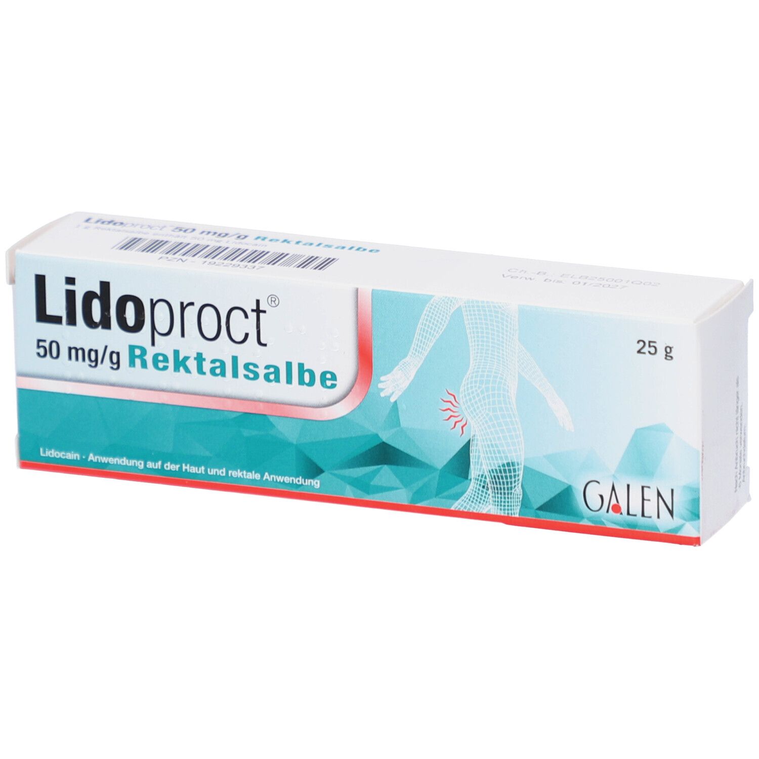 Verpackung von Lidoproct 50 mg/g Rektalsalbe. Weiß, mit blauen und grünen Elementen. Enthält 25 g. GALEN-Logo.