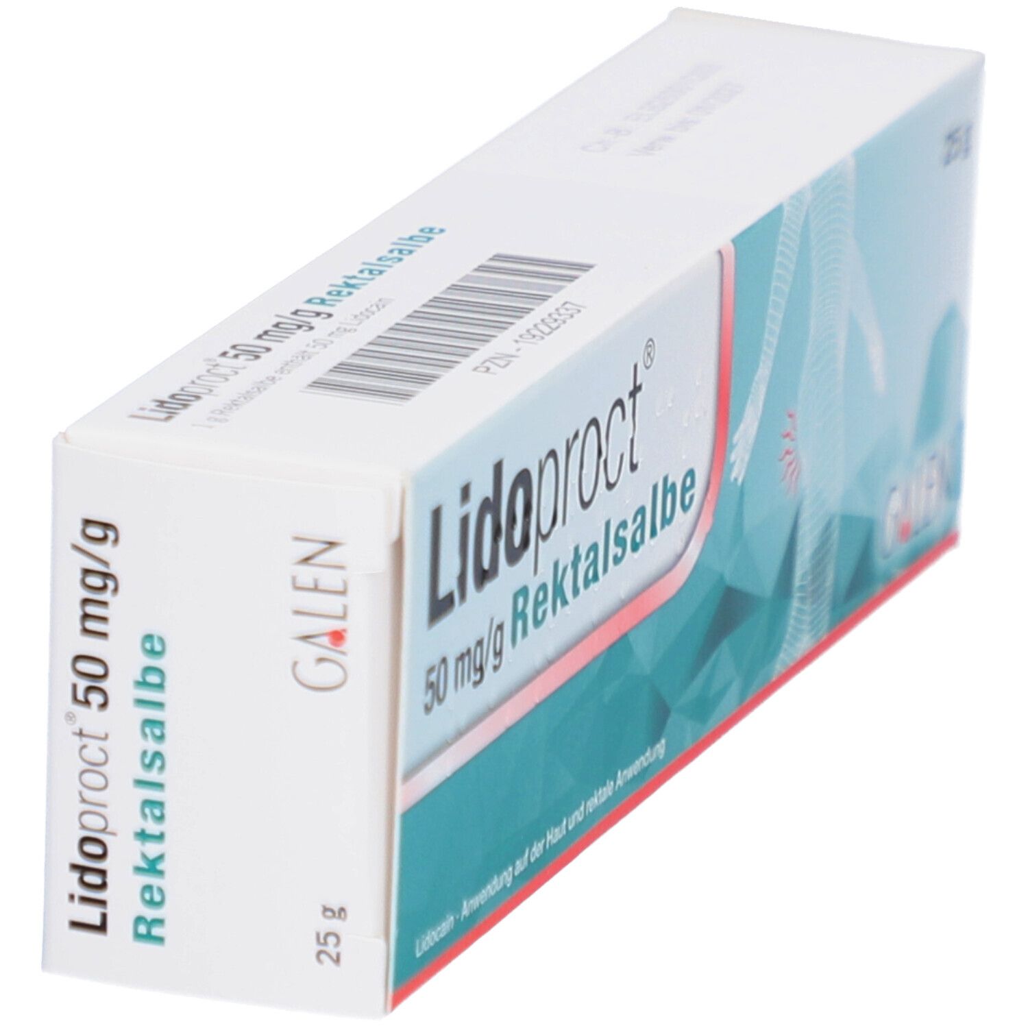 Schrägansicht der Verpackung von Lidoproct 50 mg/g Rektalsalbe. Weiß, mit blauen und grünen Elementen. 25 g. GALEN-Logo.