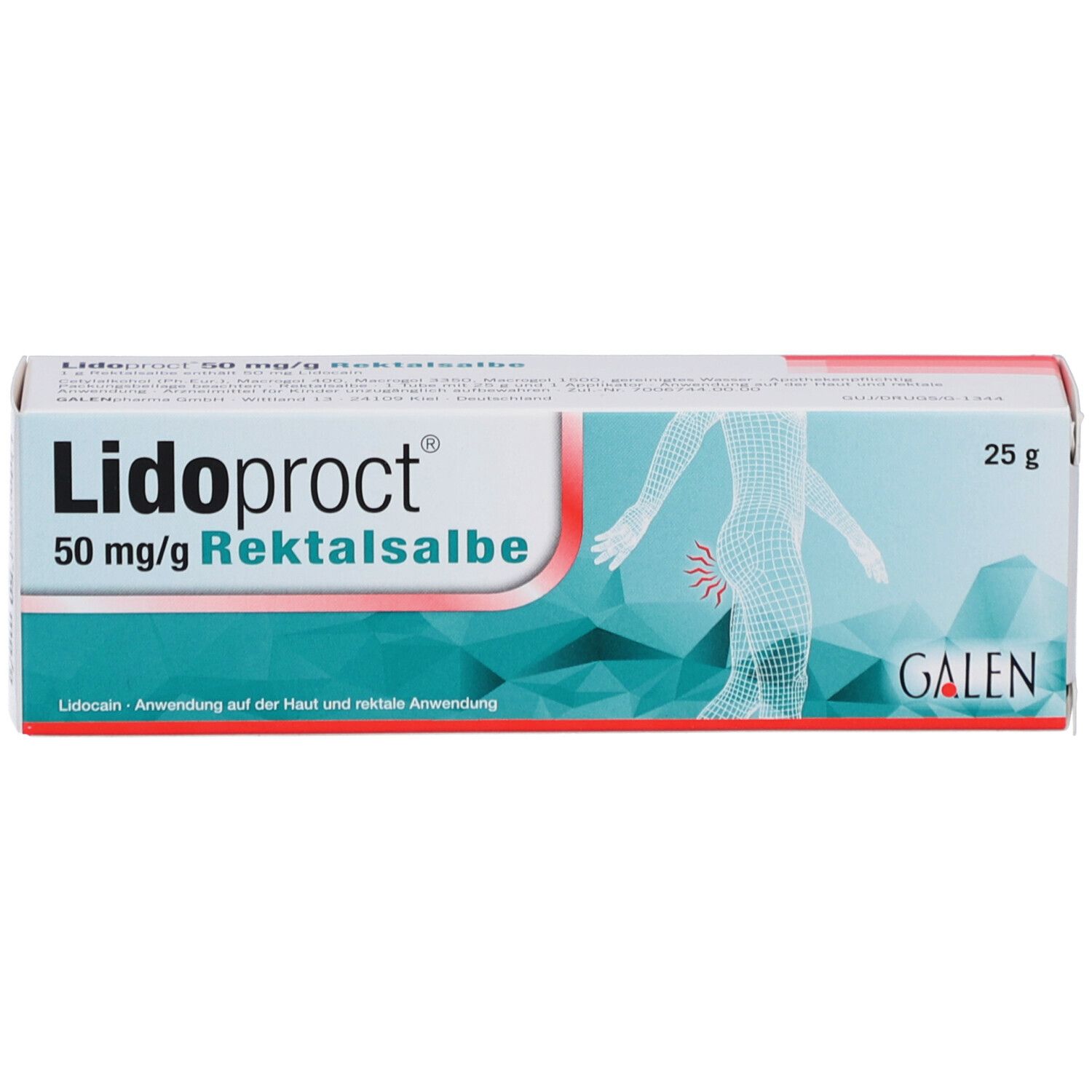 Verpackung von Lidoproct 50 mg/g Rektalsalbe. Weiß, mit blauen und grünen Elementen. Enthält 25 g. GALEN-Logo.