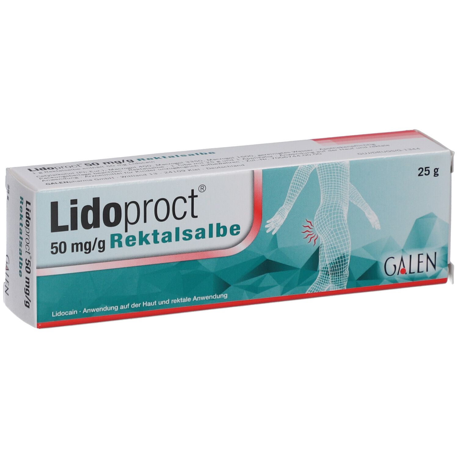 Verpackung von Lidoproct 50 mg/g Rektalsalbe. Weiß, mit blauen und grünen Elementen. Enthält 25 g. GALEN-Logo.