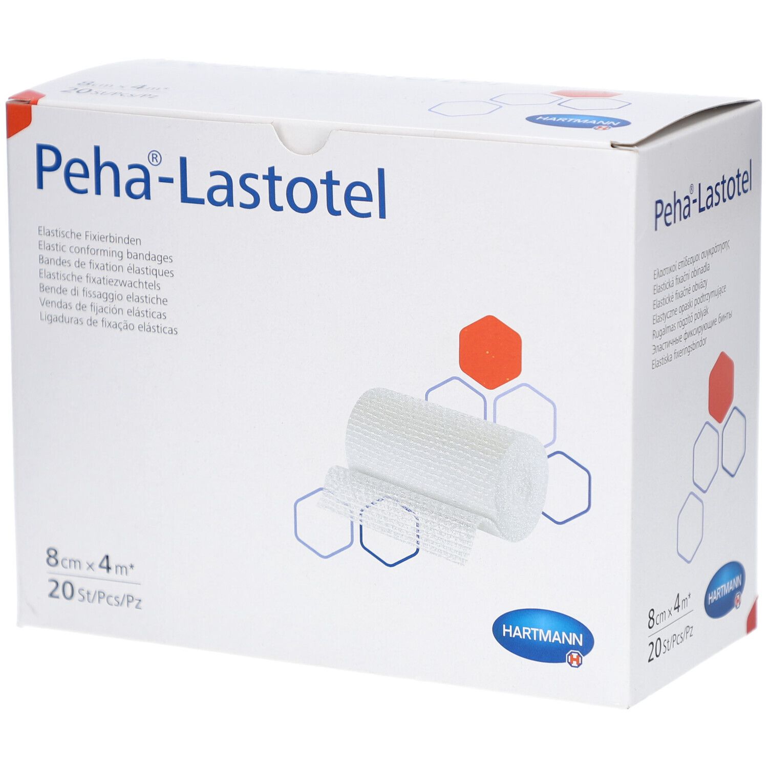 Verpackung von Peha®-Lastotel Fixierbinden. Aufdruck: 8 cm x 4 m, 20 Stück. Marke Hartmann. Gezeigt ist eine Rolle und ein Stück Bandage.