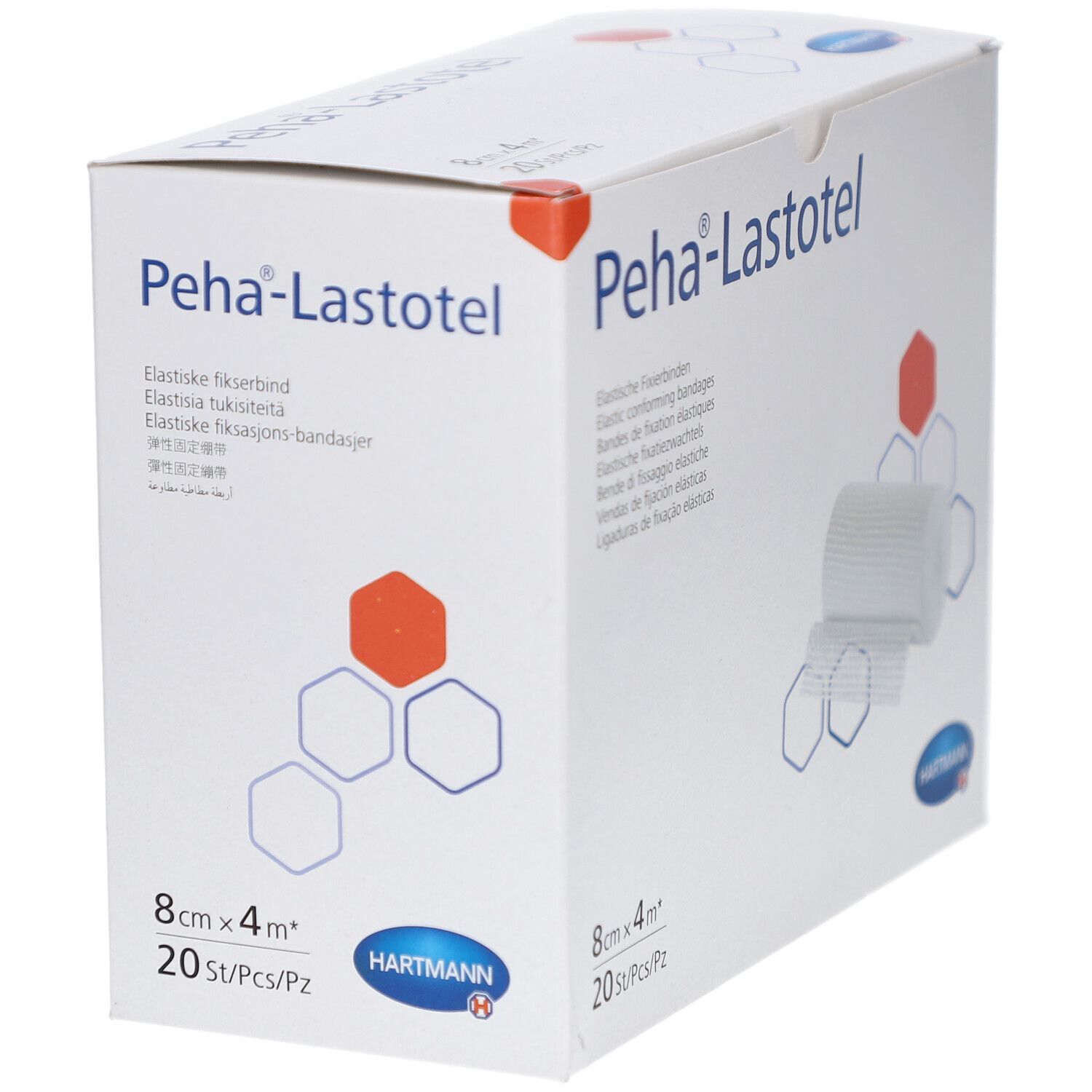 Verpackung von Peha®-Lastotel Fixierbinden. Aufdruck: 8 cm x 4 m, 20 Stück. Marke Hartmann. Gezeigt ist eine Rolle und ein Stück Bandage.