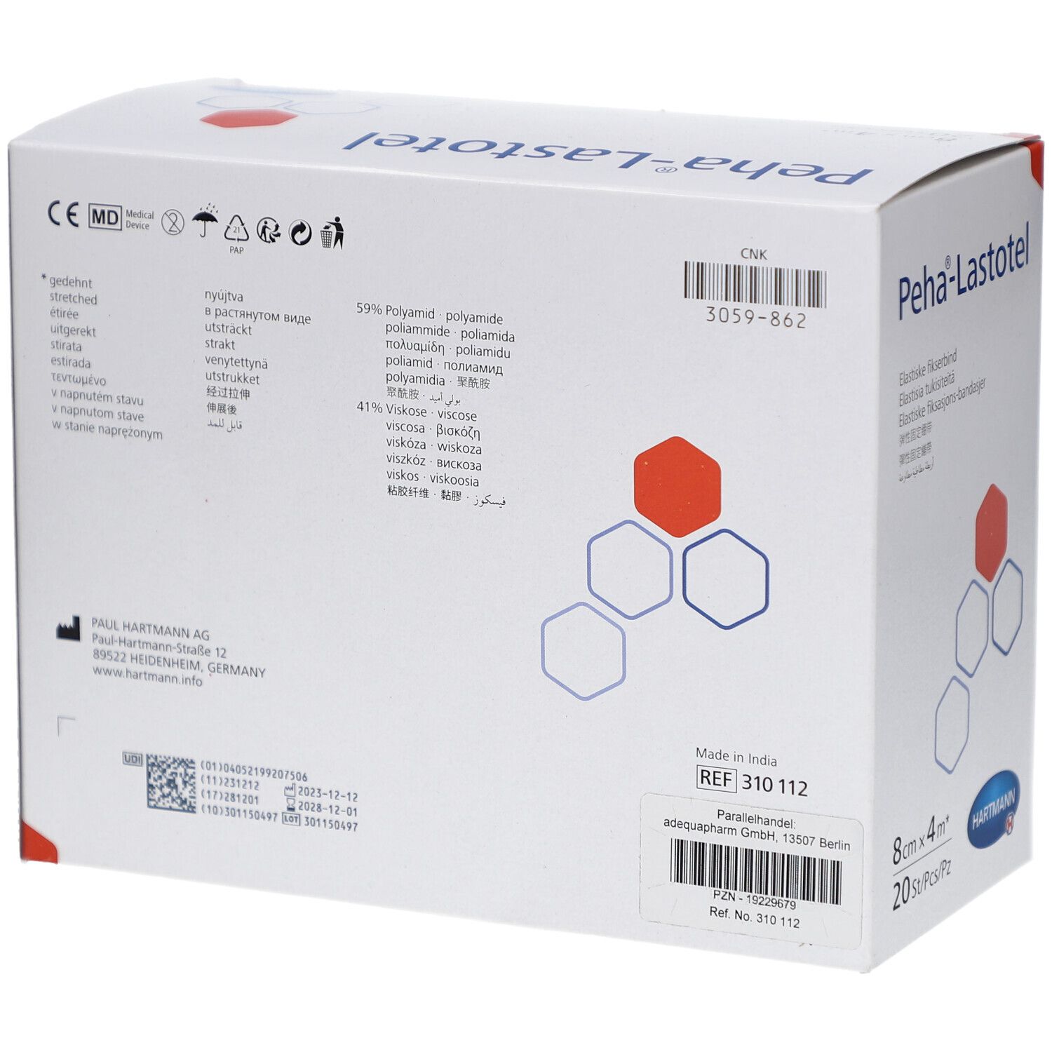 Rückseite der Verpackung von Peha®-Lastotel. Enthält Informationen zu Inhaltsstoffen, Hersteller und Chargennummer. Mit CE-Kennzeichnung.