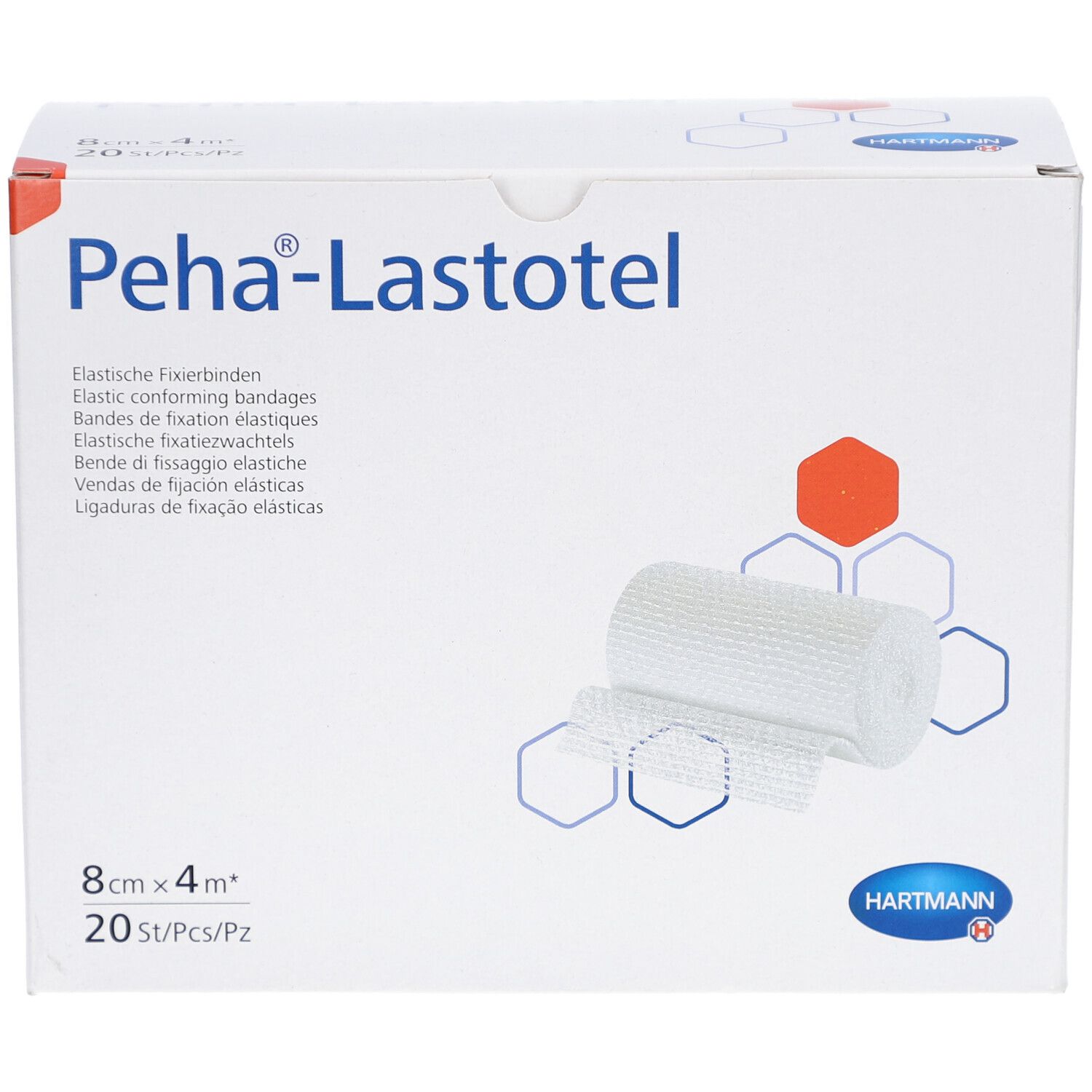 Verpackung von Peha®-Lastotel Fixierbinden. Aufdruck: 8 cm x 4 m, 20 Stück. Marke Hartmann. Gezeigt ist eine Rolle und ein Stück Bandage.