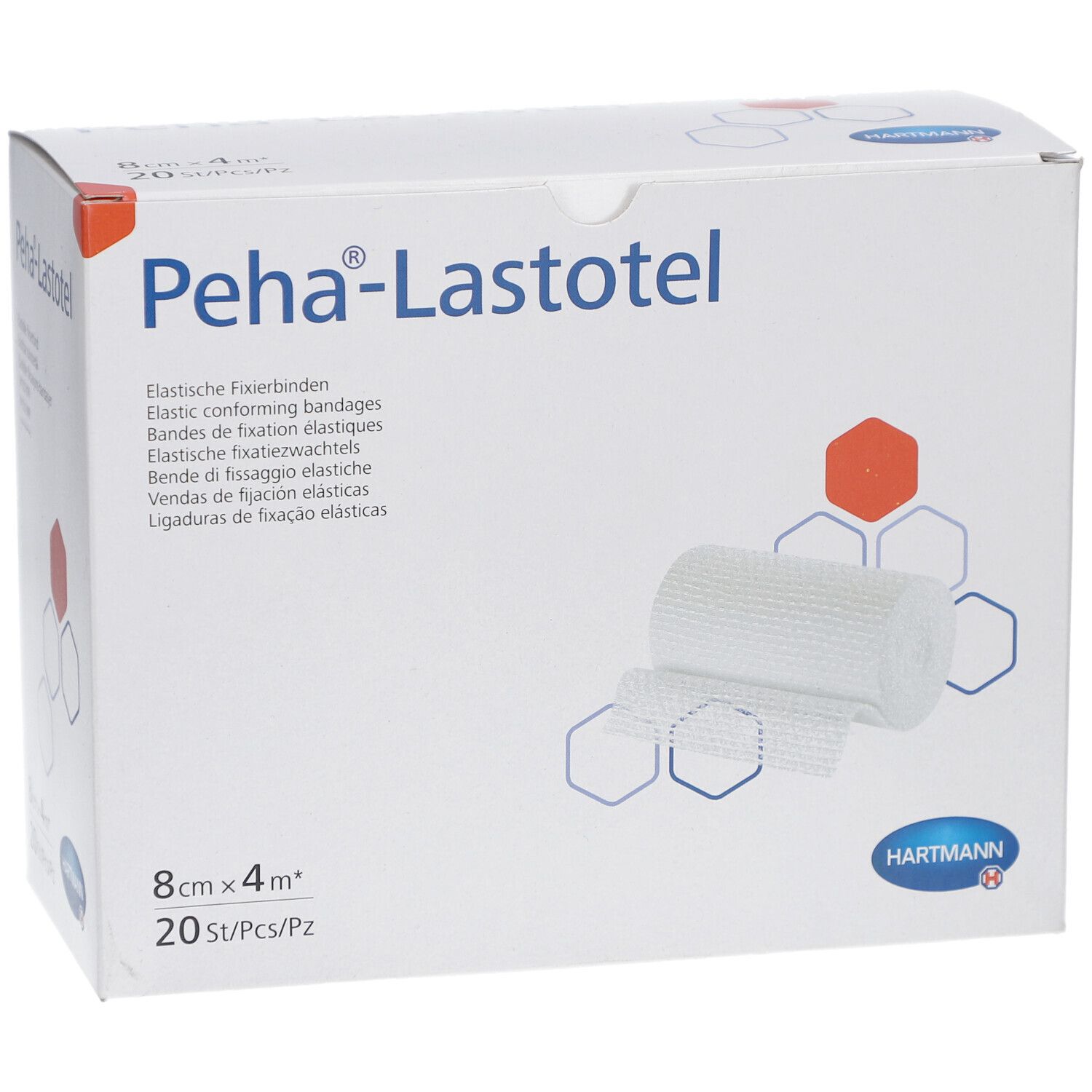 Verpackung von Peha®-Lastotel Fixierbinden. Aufdruck: 8 cm x 4 m, 20 Stück. Marke Hartmann. Gezeigt ist eine Rolle und ein Stück Bandage.