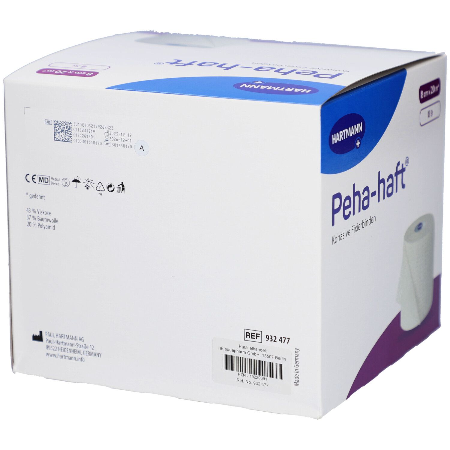 Rückseite der Verpackung mit Peha-haft Fixierbinden. Marke Hartmann. Informationen und Kennzeichnungen.