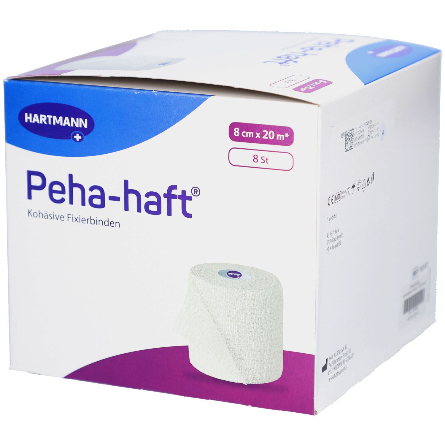Verpackung mit Peha-haft Fixierbinden. 8 cm x 20 m, 8 Stück. Marke Hartmann. Weiße, gerollte Binde sichtbar.
