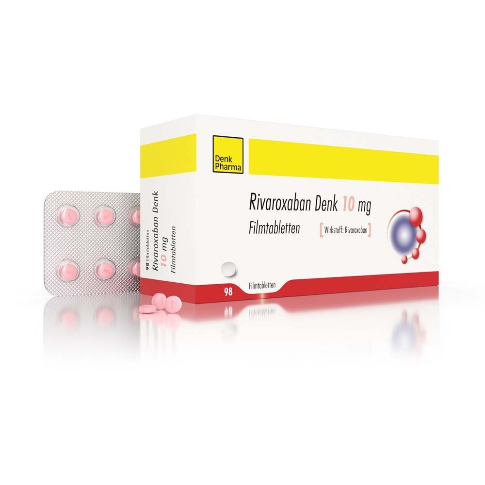 Packung Rivaroxaban Denk 10 mg Filmtabletten, Blisterpackung mit Tabletten. Rosa Tabletten, weiße Verpackung mit gelbem Streifen.