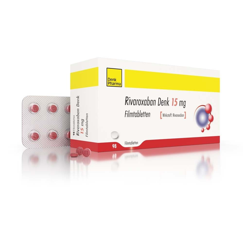 RIVAROXABAN Denk 15 mg Filmtabletten. Blisterpackung mit Tabletten und Schachtel. Rote Tabletten, weiße Schachtel mit gelbem Streifen.