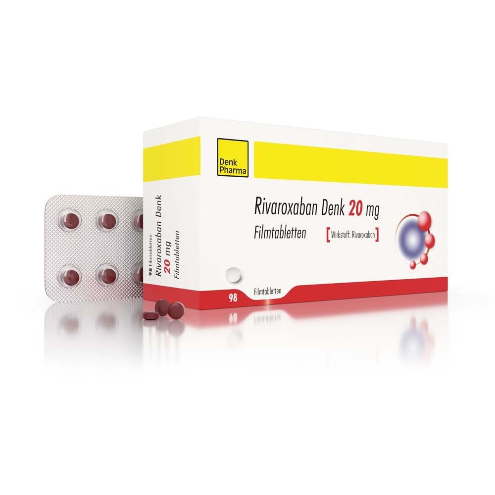 Schachtel und Blisterpackung mit Tabletten. Aufschrift: Rivaroxaban Denk 20 mg Filmtabletten. Braune Tabletten sichtbar.