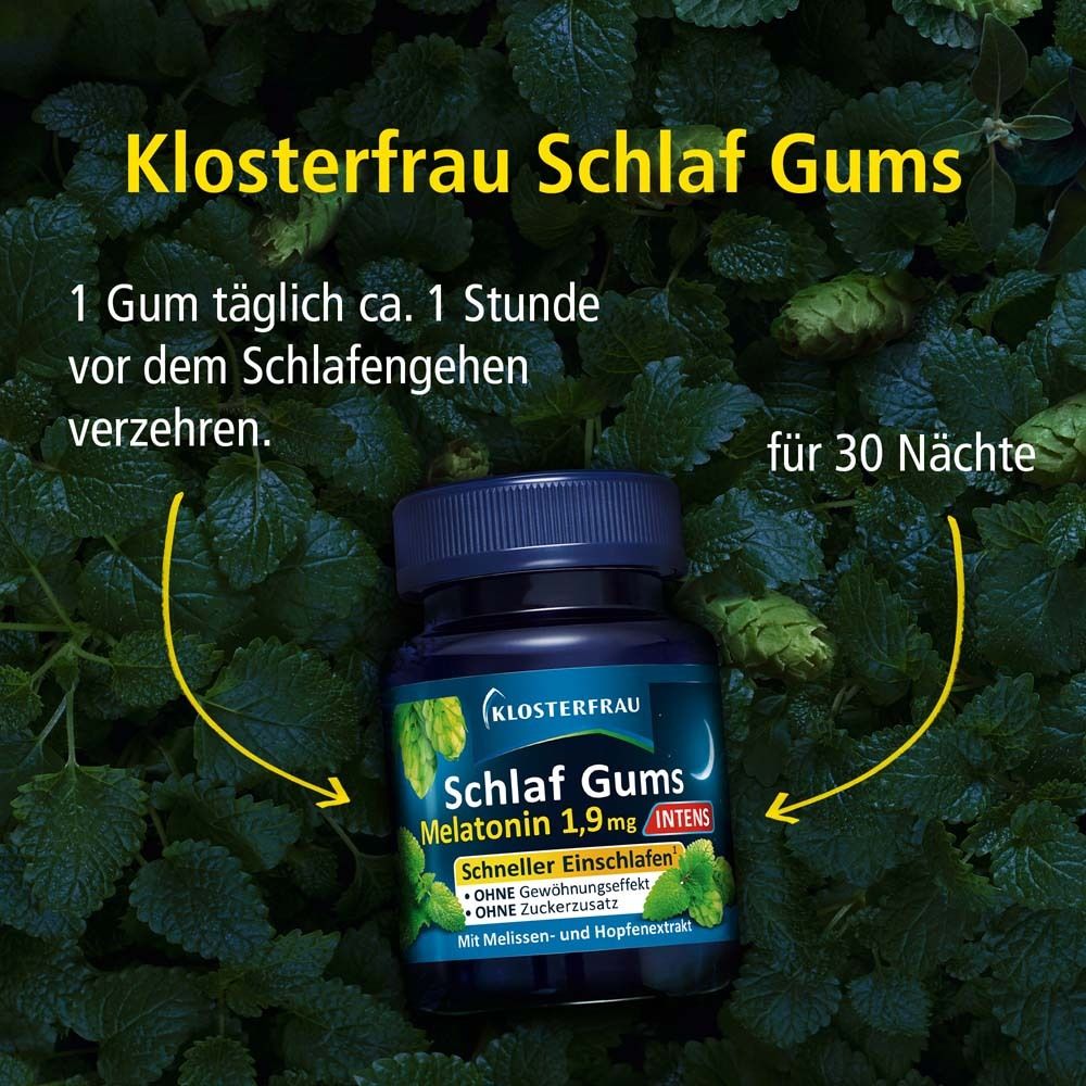 Klosterfrau Schlaf Gums Flasche. Text: 1 Gum täglich ca. 1 Stunde vor dem Schlafengehen. Für 30 Nächte.