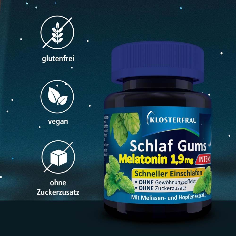 Klosterfrau Schlaf Gums Flasche. Symbole: glutenfrei, vegan, ohne Zuckerzusatz. Text: Schneller einschlafen.