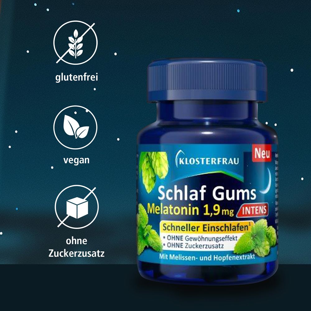 Blaue Flasche mit Klosterfrau Schlaf Gums Melatonin 1,9 mg Intens. Text: glutenfrei, vegan, ohne Zuckerzusatz.
