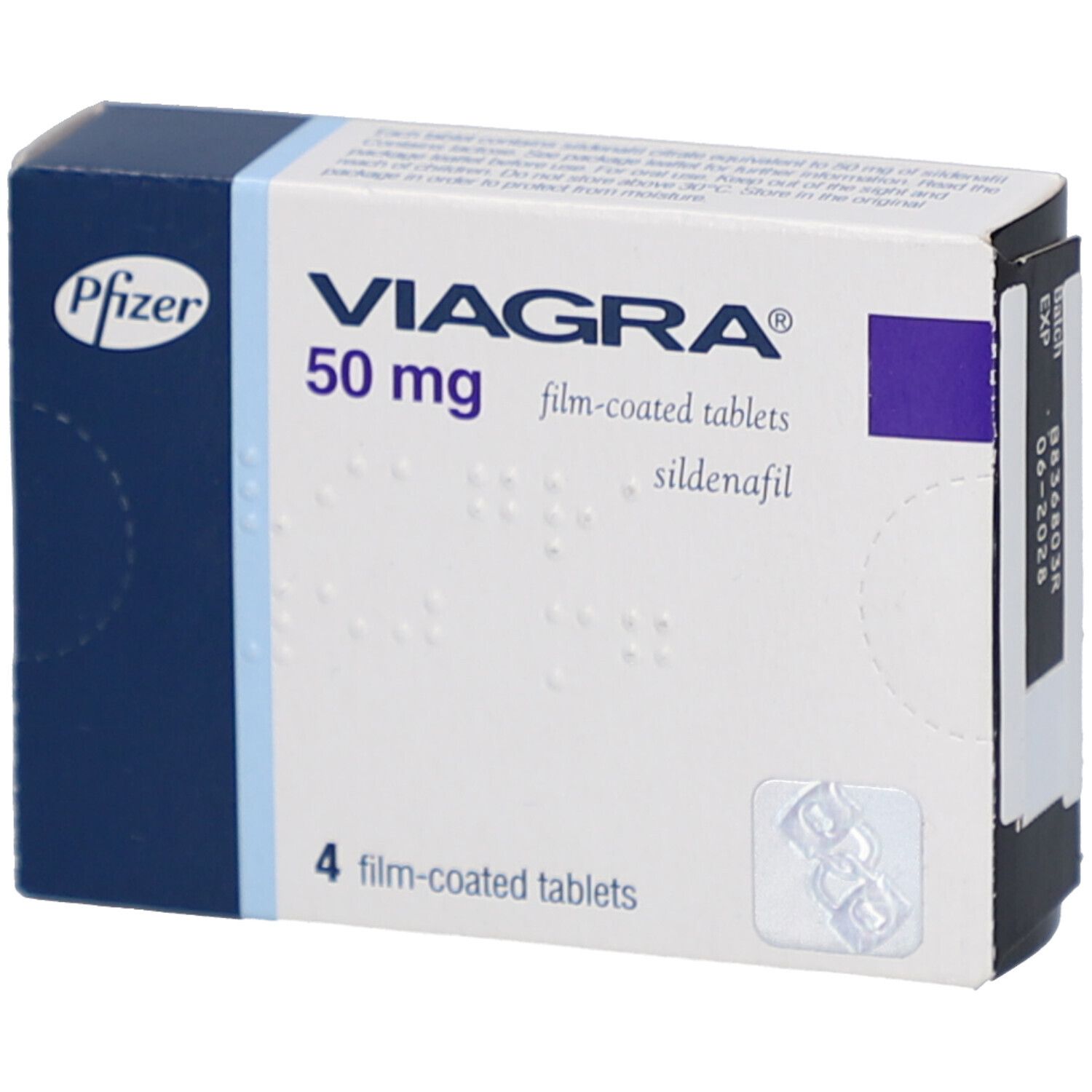 Schachtel mit VIAGRA 50 mg Filmtabletten. Blaue und weiße Verpackung. Enthält 4 Tabletten. Pfizer-Logo.