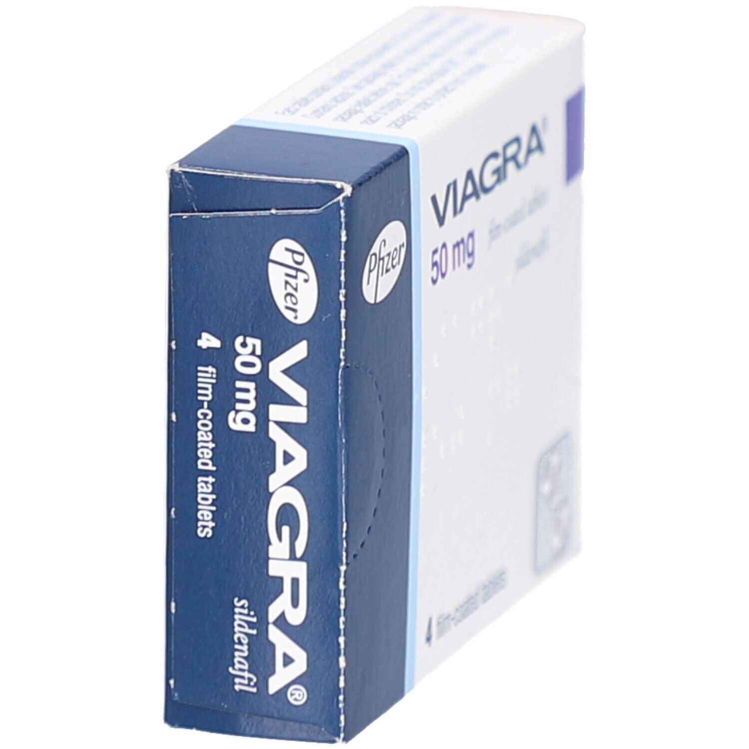 Schachtel VIAGRA 50 mg Filmtabletten. Blaue und weiße Verpackung. Enthält 4 Tabletten. Pfizer-Logo.
