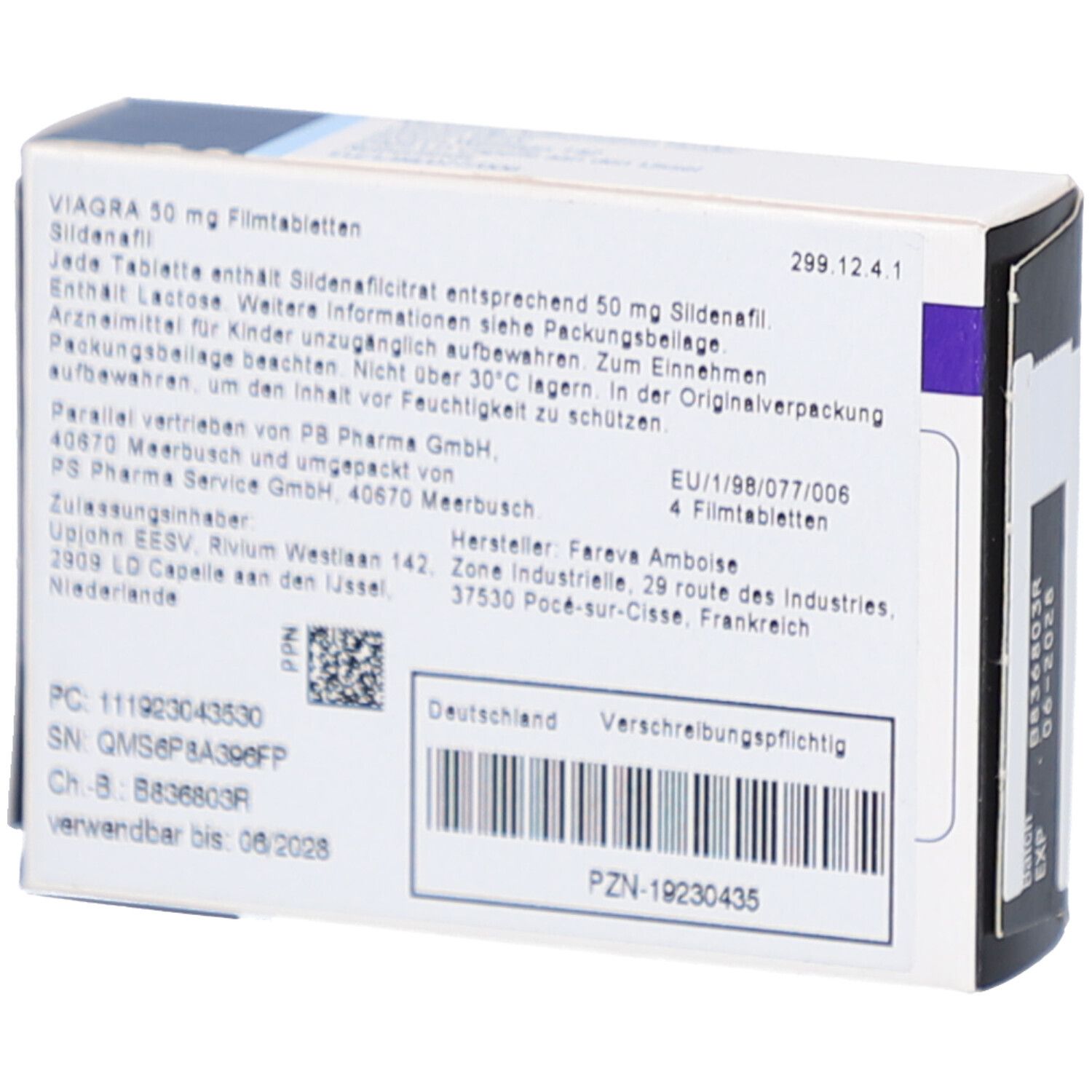 Rückseite der VIAGRA 50 mg Filmtabletten-Schachtel. Textinformationen, Herstellerangaben, Chargennummer, Verfallsdatum.