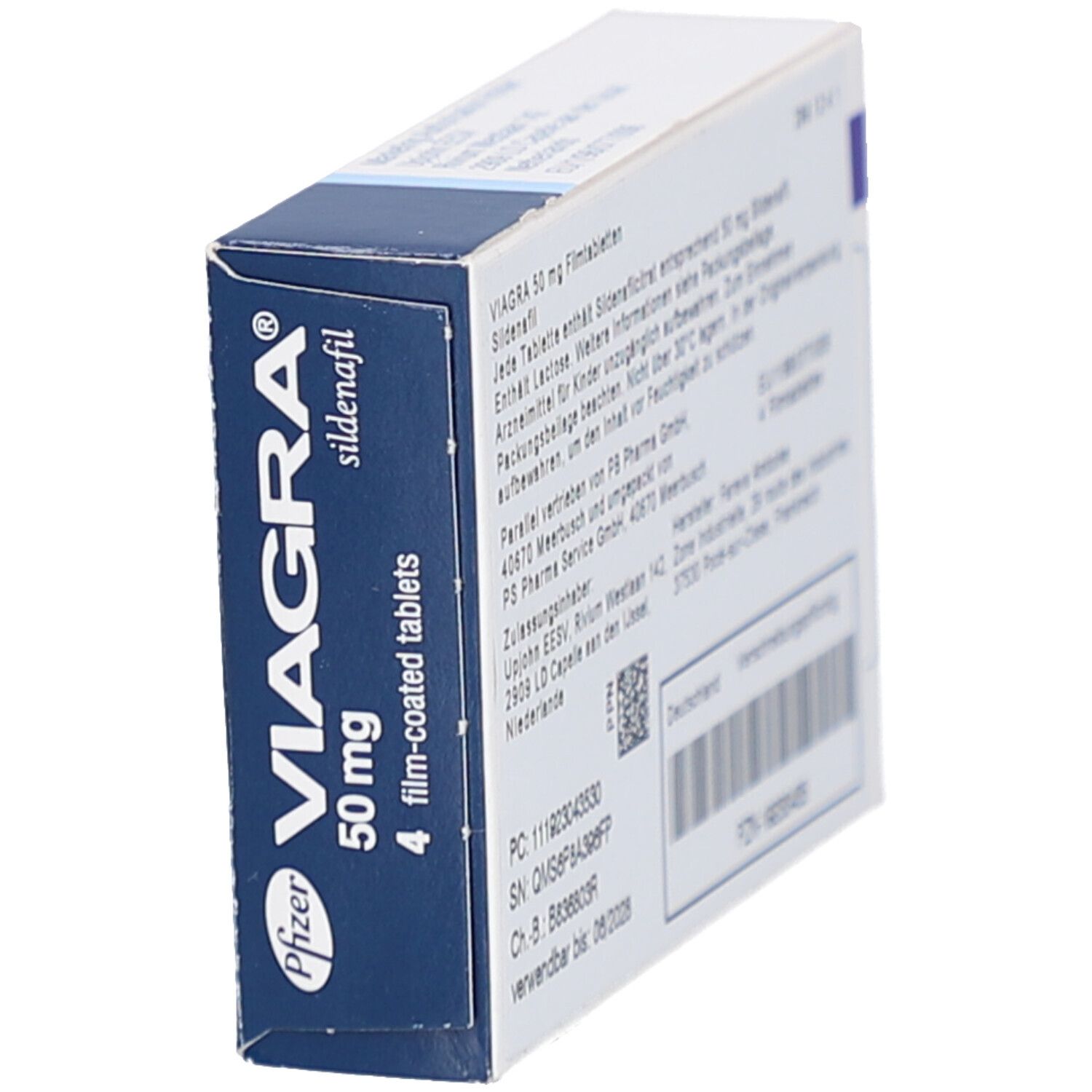 Schachtel VIAGRA 50 mg. Blaue und weiße Verpackung. Enthält 4 Filmtabletten. Pfizer-Logo. Schräge Ansicht.