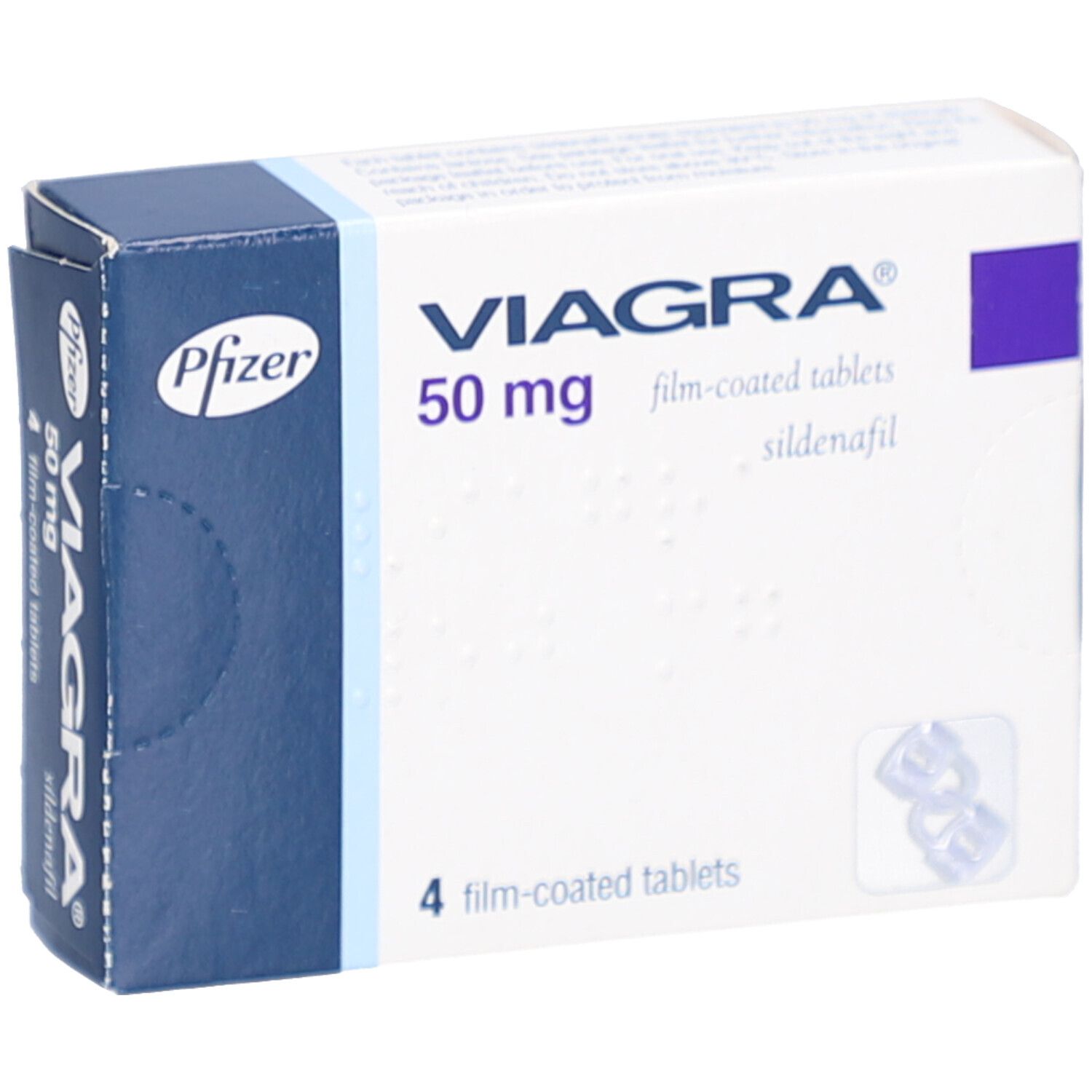 Schachtel mit VIAGRA 50 mg Filmtabletten. Blaue und weiße Verpackung. Enthält 4 Tabletten. Pfizer-Logo.