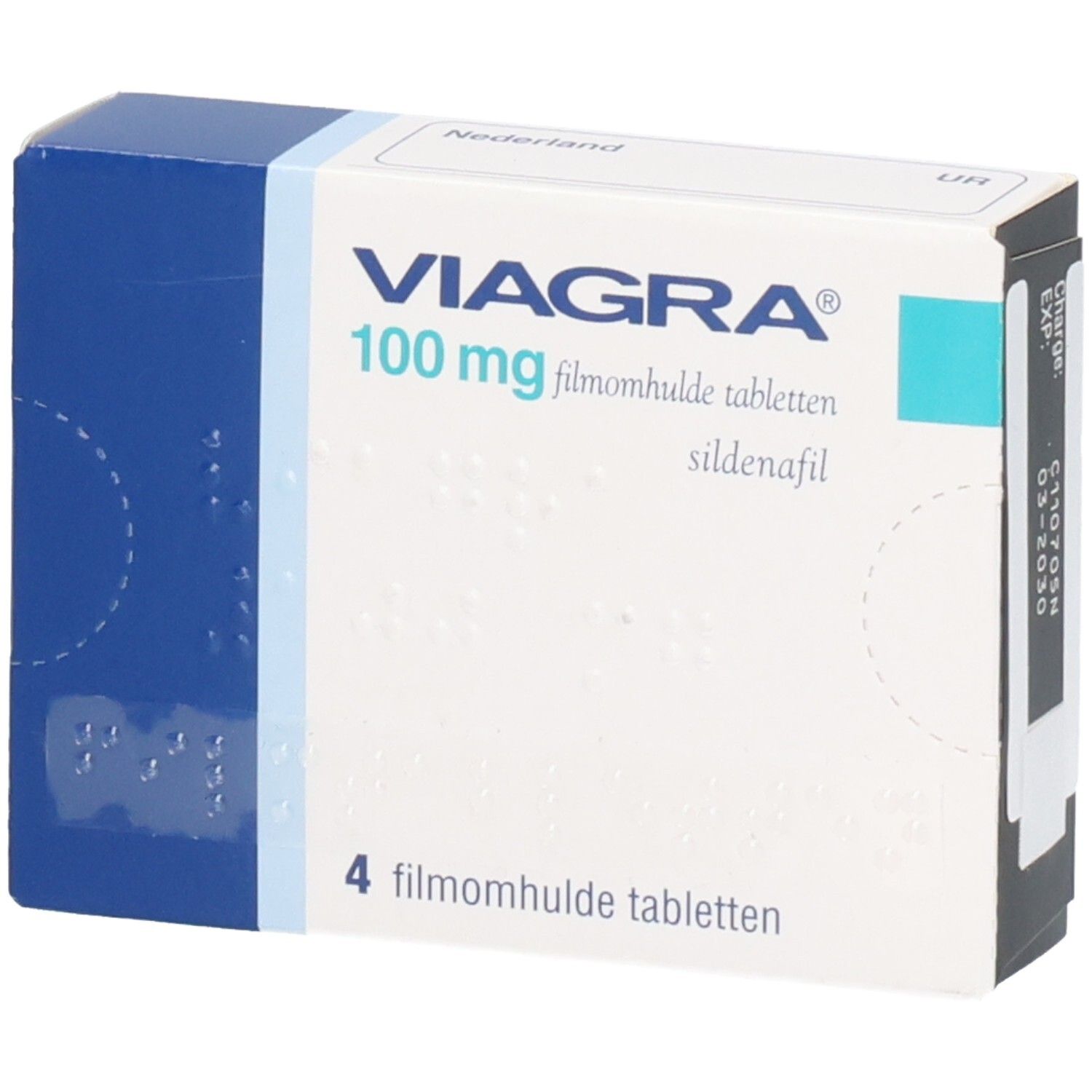 Schachtel mit VIAGRA 100 mg Filmtabletten. Blaue und weiße Verpackung. Enthält 4 Tabletten. Text in Deutsch und Niederländisch.